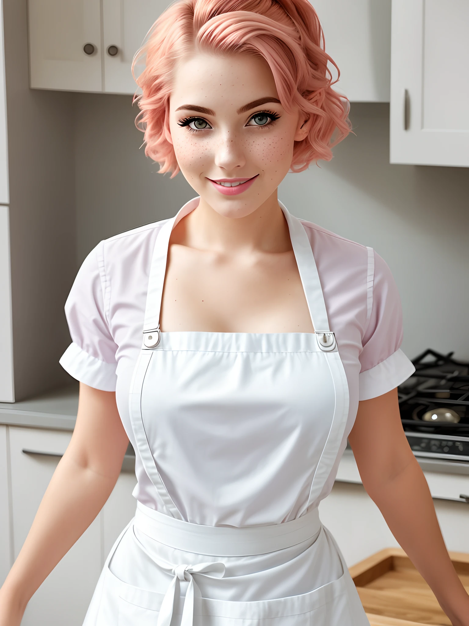 a closeup portrait of a playful maid, undercut hair, apron, amazing body, pronounced feminine feature, busty, kitchen, [ash blonde | ginger | pink hair], freckles, flirting with camera
