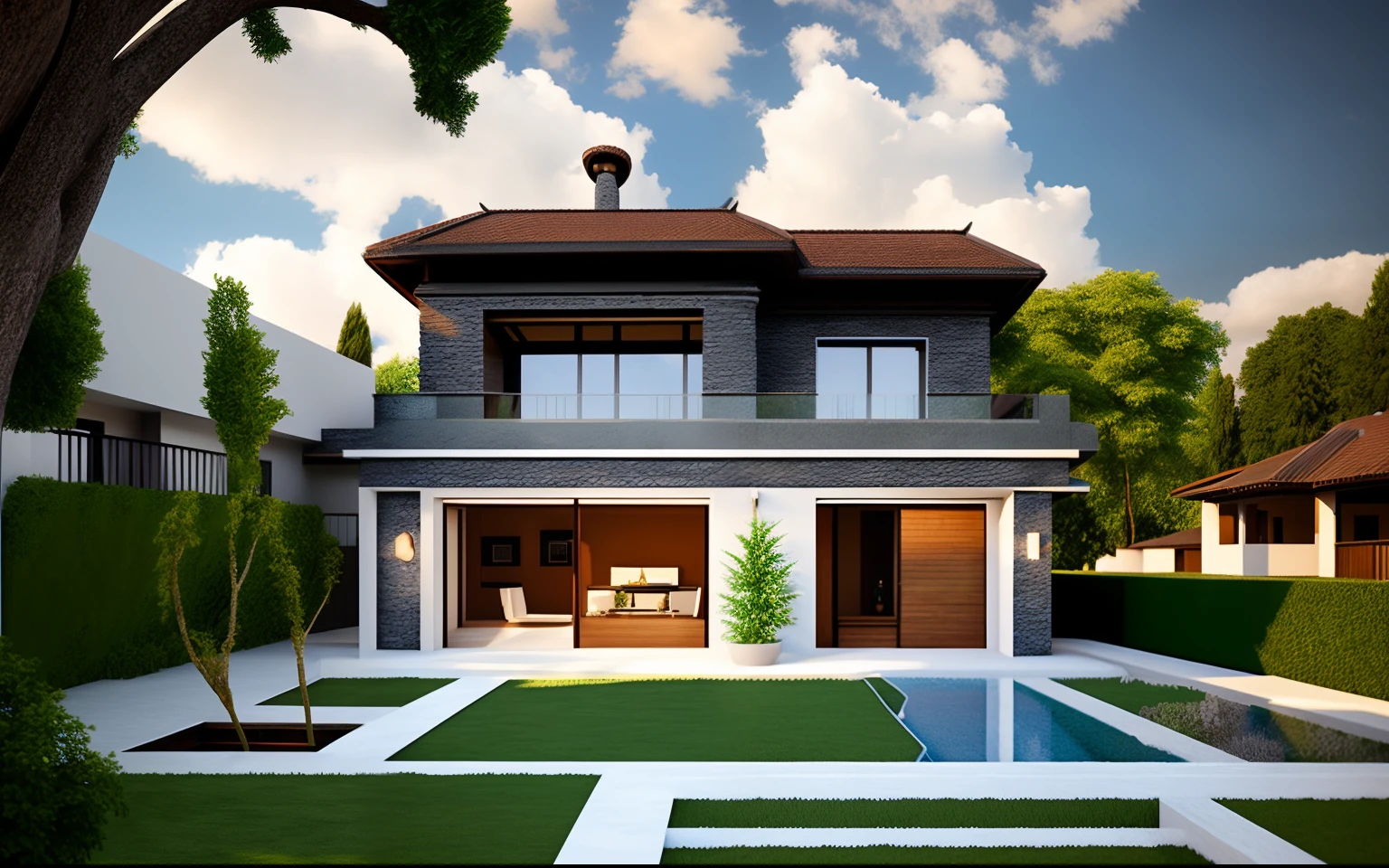 dvArchrustic style, house, photorealistic, hyperrealistic, 4k, shadows, depth, volumetric light, dramatic light, diffused light, unsaturated, low contrast, hdr, fine details, fine details, cracks, plants, fish, sun rays, clouds, stone walls , Swimming pool