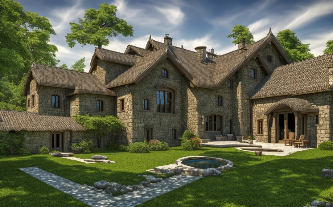 dvArchrustic style, house, photorealistic, hyperrealistic, 4k, shadows, depth, volumetric light, dramatic light, diffused light, unsaturated, low contrast, hdr, fine details, fine details, cracks, plants, fish, sun rays, clouds, stone walls , (((Swimming pool)))