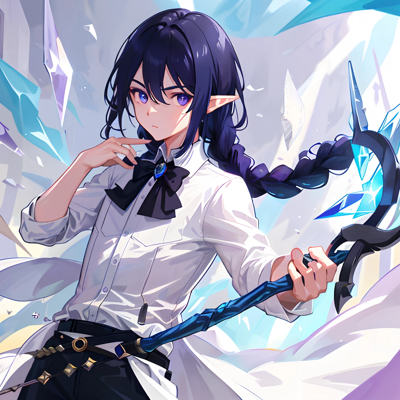 Dress Shirt (1.5), A Boy, Solo, Bust, Black Hair, Braids, Dark Blue Highlights (1.6), Purple Eyes, Masterpiece, Extreme Detail, Meticulous Eyes, Elven Ears, Magic, Long Staff (1.6) , monocle, HDR, delicate, shards of glass, white dots of light surrounding the body