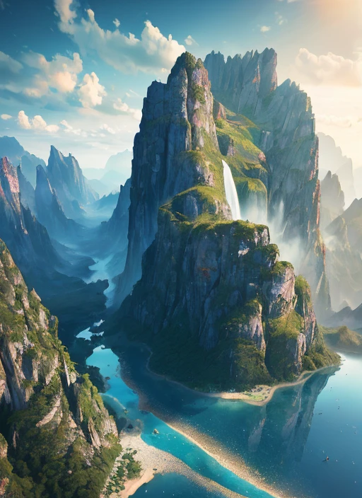 masterpiece, best quality, high quality, extremely detailed CG unity 8k wallpaper, landscape, outdoor, sky, cloud, day, no people, mountain, landscape, water, tree, blue sky, waterfall, cliff, nature, lake, river , cloudy sky, award winning photography, bokeh, depth of field, HDR, bloom, chromatic aberration, photorealistic, extremely detailed, popular on artstation, popular on CGsociety, complex, high detail, dramatic, art midway