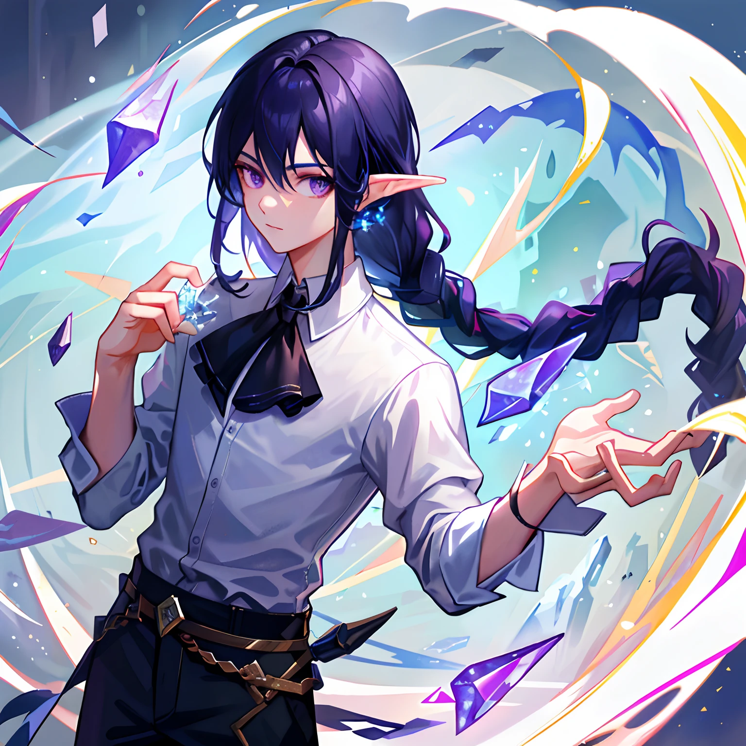 Dress Shirt (1.5), Boy, Solo, Bust, Black Hair, Braids, Dark Blue Highlights (1.6), Purple Eyes, Highest Graphics, Highest Quality, Super Detail, Realistic Lighting, Gorgeous Lighting, Masterpiece, Extreme Detail, Detail Eyes, Elven Ears, Magic, Staff (1.6), HDR, Delicate, Fragments, glowing particles (1.3), glass shards, holding icecles (1.5), correctly drawn hands, correct limbs, correct fingers (1.4)