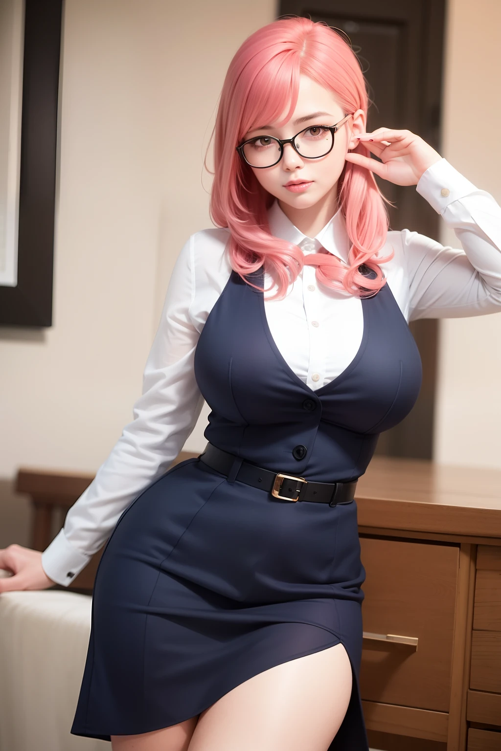 masterpiece, best quality, realistic, 1girl, sexy secretary, thick thighs, f-cup breast, dress view, (PureErosFace_V1:0.6), long pink hair, with glasses