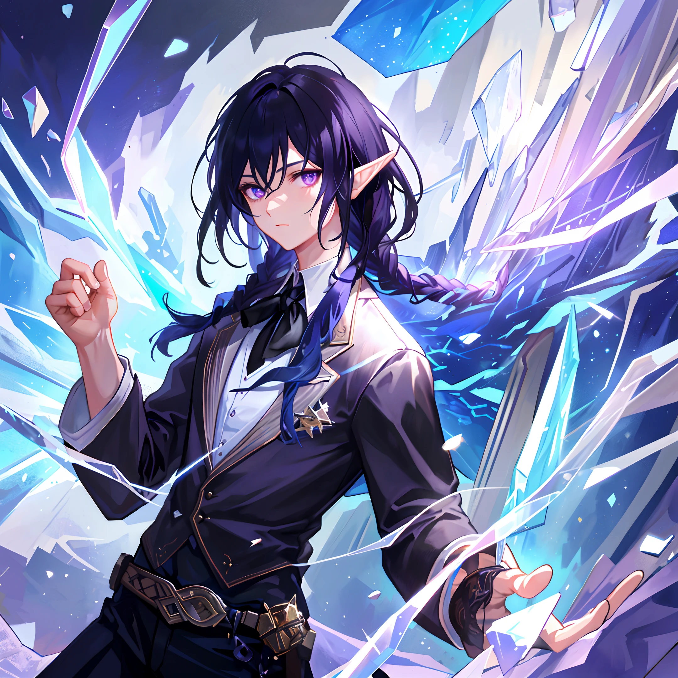 Dress Shirt (1.6), Boy, Solo, Bust, Black Hair, Braids, Dark Blue Highlights (1.2), Purple Eyes, Highest Graphics, Highest Quality, Super Detail, Realistic Lighting, Gorgeous Lighting, Masterpiece, Extreme Detail, Detail Eyes, Elven Ears, Magic, Staff (1.6), HDR, Delicate, Fragments, glowing particles (1.3), glass shards, holding icecles (1.5),