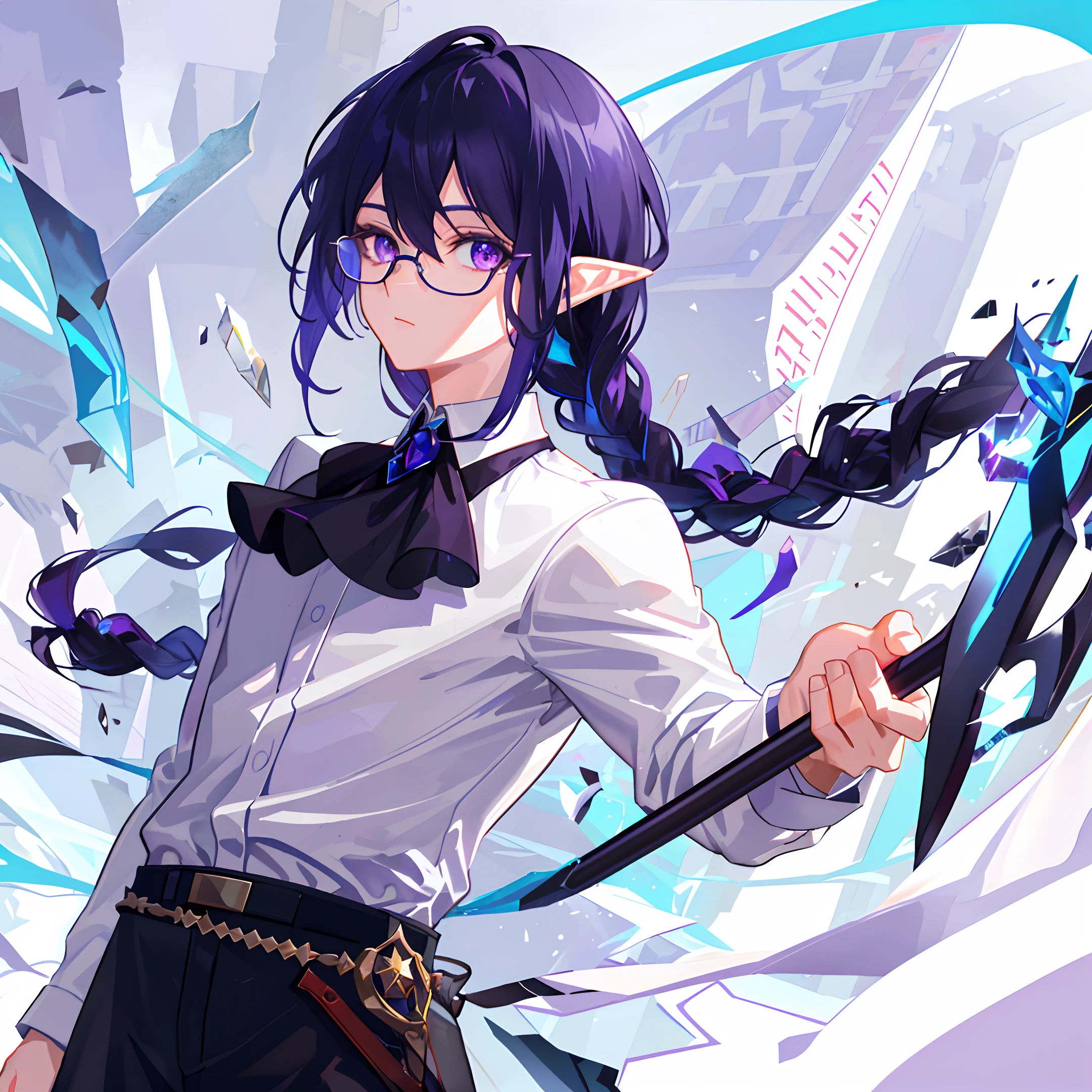 Dress Shirt (1.5), Boy, Solo, Bust, Black Hair, Braids, Dark Blue Highlights (1.6), Purple Eyes, Masterpiece, Extreme Detail, Detailed Eyes, Elven Ears, Magic, Staff (1.6), Left Half Glasses (1.6) ) ), HDR, Refined, glass shards, white spots around the body,