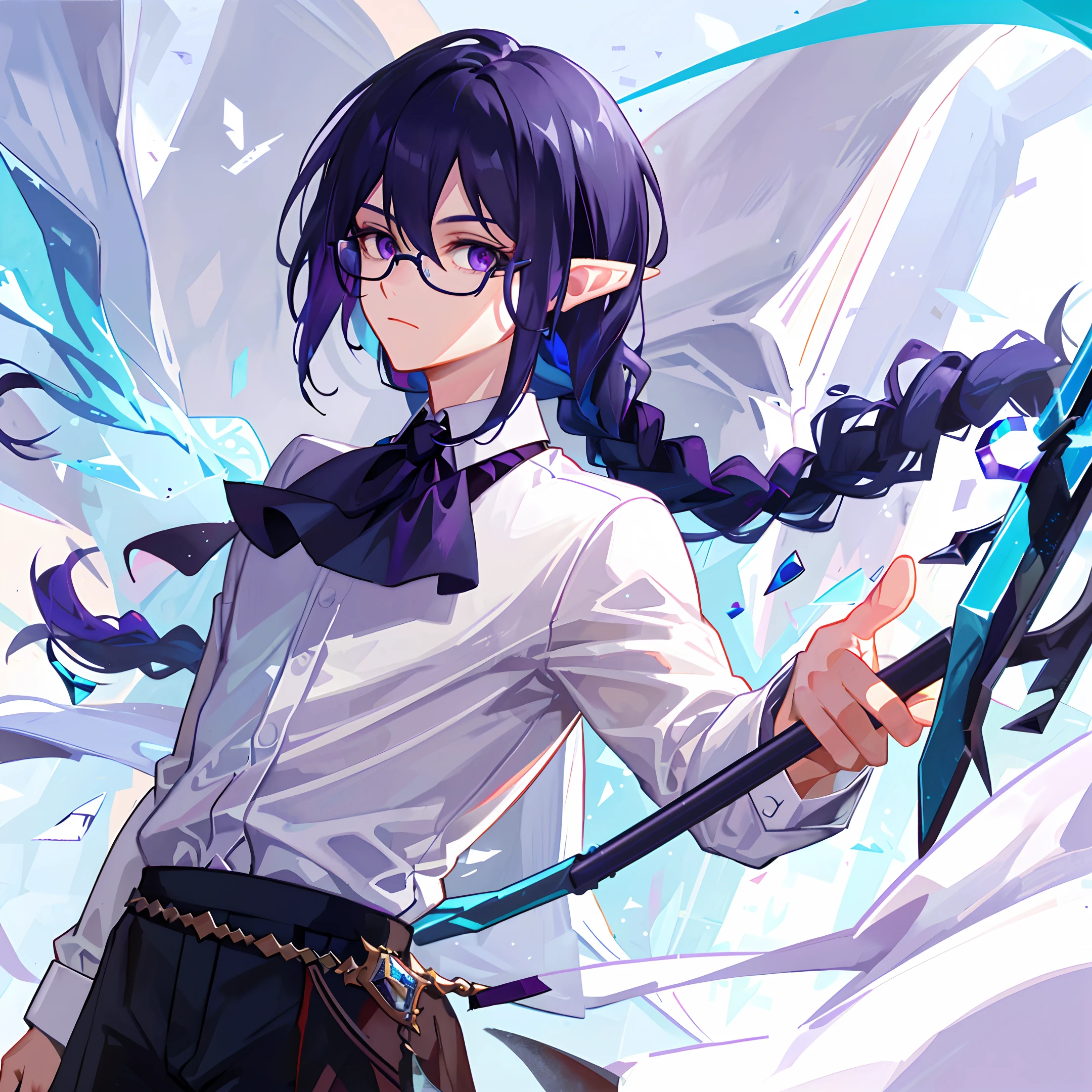 "An impeccable dress shirt (1.5) on a boy, in a half-body portrait, playing a solo. His black hair is tied into braids that accentuate the deep blue highlights (1.6) in his hair. His purple eyes are meticulous, with elf-like ears and a magical touch, wielding a wand (1.6) and wearing glasses on the left side (1.6). The image is of HDR quality with exquisite details, including shattered glass fragments and white highlights throughout his body. To perfect the image, please correct the hand's positioning (1.6)."