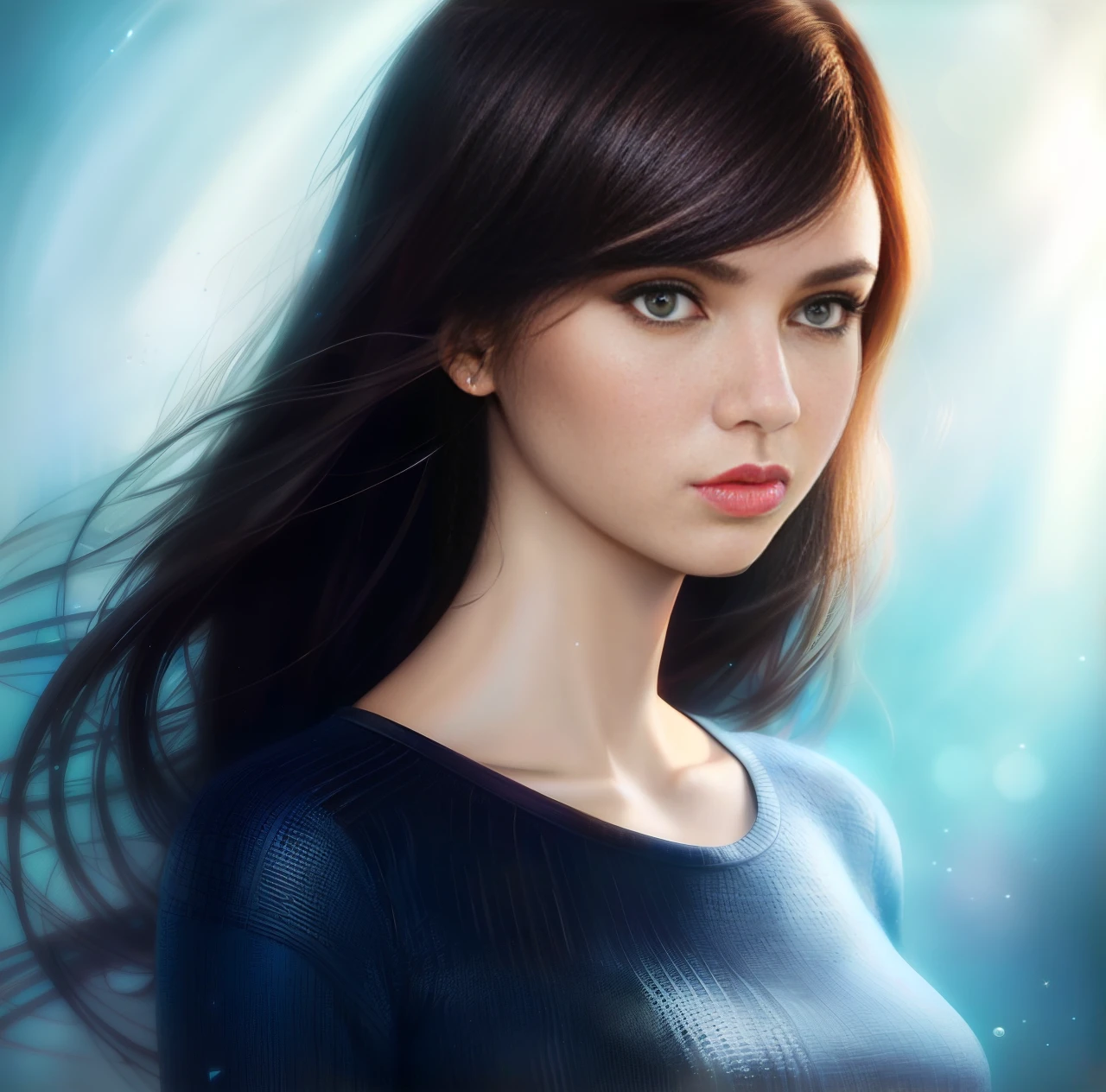 underwater station, sweater, crop top, ,, fully body image, full body view, Pretty, cute, beautiful woman,, Close-up, Head and chest portrait, realistic photograph, highly detailed, digital painting, Concept art, Digital art, High quality, Cinematic lighting, Soft lighting, best quality, masterpiece, upper body, arms behind head, sparkling eyes, centered, Illustration, Details, Portrait, digital painting, smooth, sharp focus, by Laura Sava and Anna Dittman and Tom Bagshaw