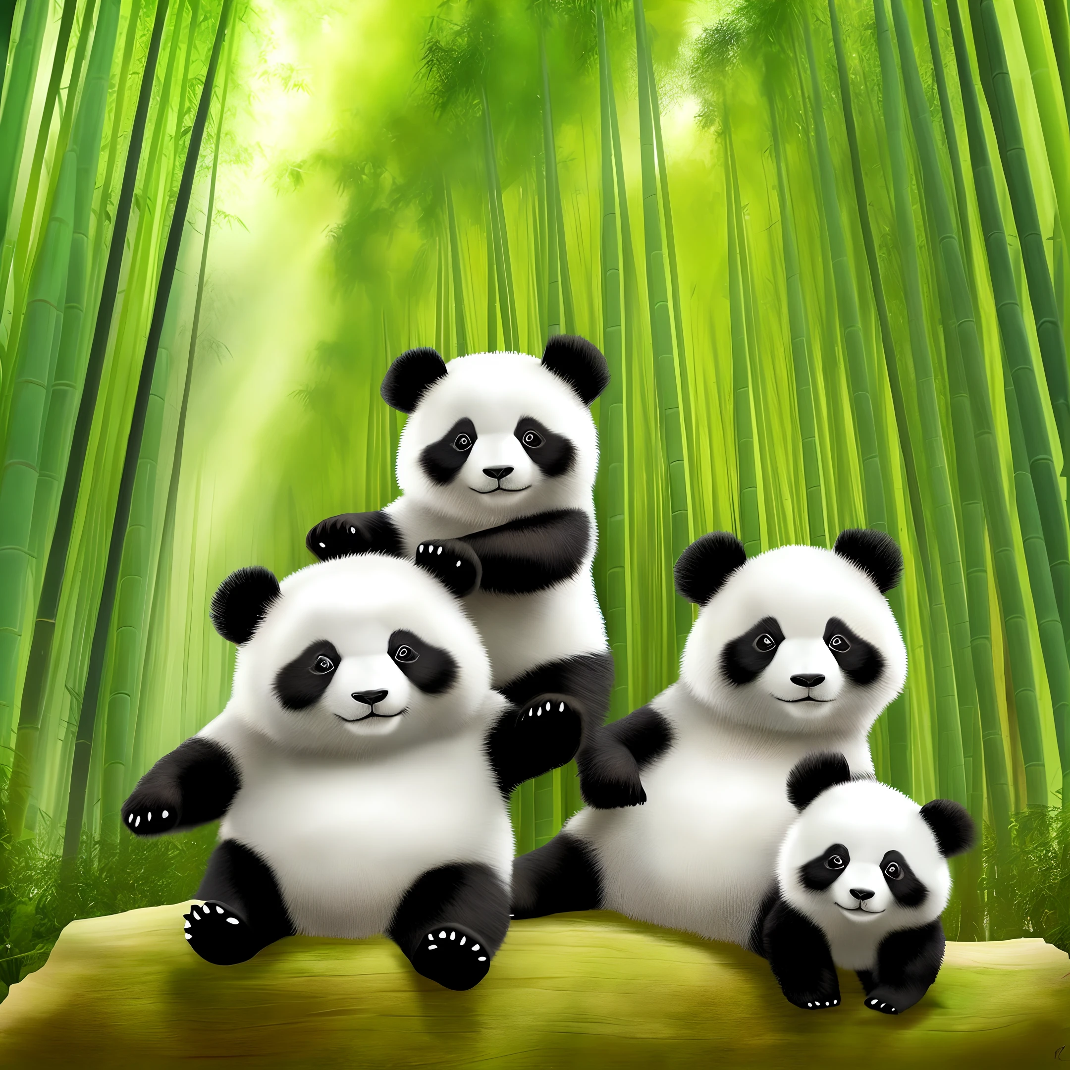 3 little panda in bamboo forest,cute panda, Green , fantasy jungle