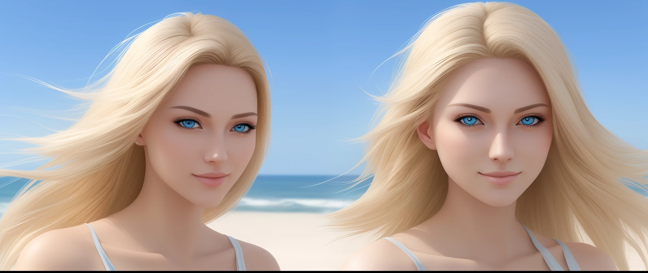 Pretty Female, Windblow blonde hair, glowing blue eyes, realistic, masterpiece, high detailed, 4K, beach background, high detailed light, little smile, white skin