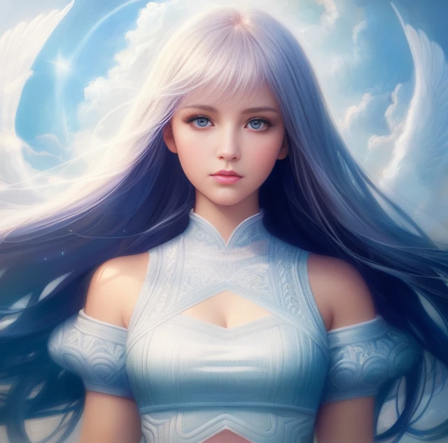 woman, heavenly environment, clouds, floating woman dragging her feet along the cloudy grounds, sweater, crop top, ,, fully body image, full body view, Pretty, cute, beautiful woman,, Close-up, Head and chest portrait, realistic photograph, highly detailed, digital painting, Concept art, Digital art, High quality, Cinematic lighting, Soft lighting, best quality, masterpiece, upper body, arms behind head, sparkling eyes, centered, Illustration, Details, Portrait, digital painting, smooth, sharp focus, by Laura Sava and Anna Dittman and Tom Bagshaw