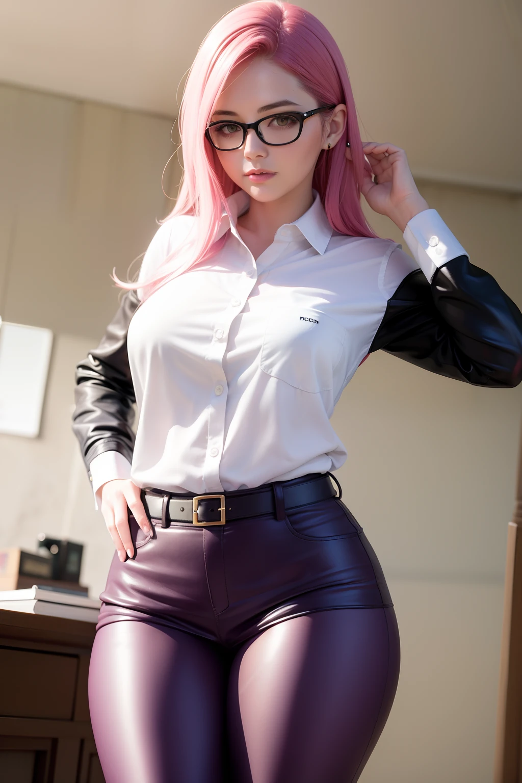 masterpiece, best quality, realistic, 1girl, sexy secretary, thick thighs, b-cup breast, leather drack purple legging view, (PureErosFace_V1:0.6), long pink hair, with glasses