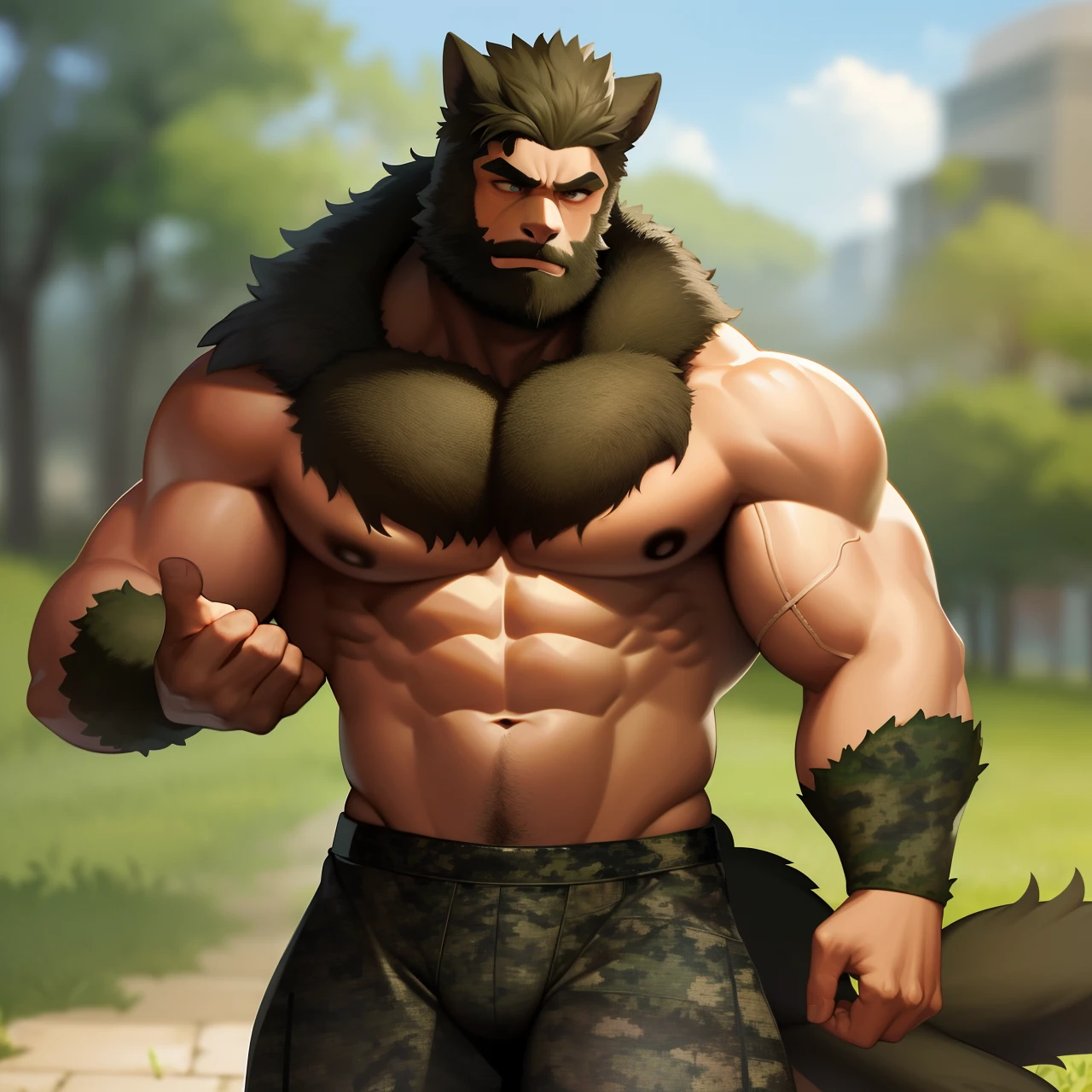 (masterpiece: 1.4), (best quality: 1.2), 4k, UHD, high resolution, anime art style, (furry: 1.2), extremely tall, asian, bara, male, (great detailed muscle: 1.5), (long :1.6), warehouse, (very tall:1.2) + long,  man, manly, muscular, bodybuilder, (military:1.2), (camouflage:1.7) + (shirts:1.4), pants, body thick + long , muscular , big chest, big arm, big forearm, big hands, abdomen + long + ripped, thick thigh, [[fat man]], (perfect eyes), (finely detailed eyes), perfect face + virile + small, ( small head :1.2), very long neck, (hairy:1.1), (short:-0.7), beard, thick eyebrows, (animal ears:1.2), (cute face!), extremely tall, (extremely long body: 1.2) , tiny_head, animal tail