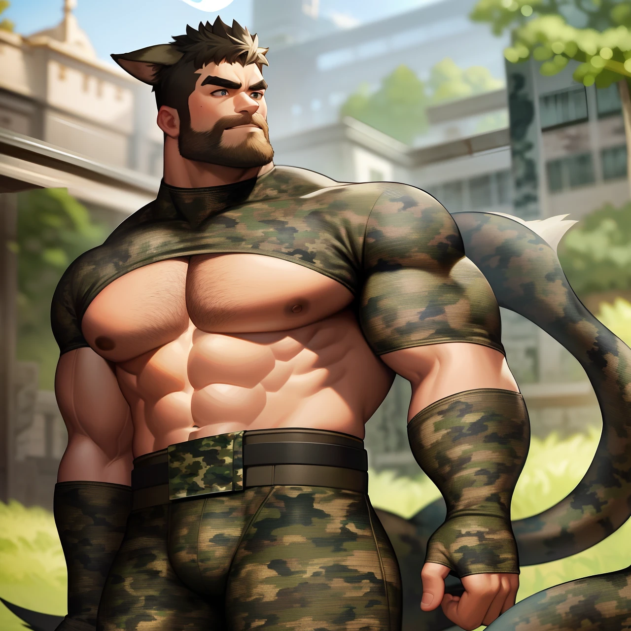 (masterpiece: 1.4), (best quality: 1.2), 4k, UHD, high resolution, anime art style, (furry: 1.2), extremely tall, asian, bara, male, (great detailed muscle: 1.5), (long :1.6), warehouse, (very tall:1.2) + long, mature man, manly, muscular, bodybuilder, (military:1.2), (camouflage:1.7) + (shirts:1.4), pants, body thick + long , muscular , big chest, big arm, big forearm, big hands, abdomen + long + ripped, thick thigh, [[fat man]], (perfect eyes), (finely detailed eyes), perfect face + virile + small, ( small head :1.2), very long neck, (hairy:1.1), (short:-0.7), beard, thick eyebrows, (animal ears:1.2), (cute face!), extremely tall, (extremely long body: 1.2) , tiny_head, animal tail