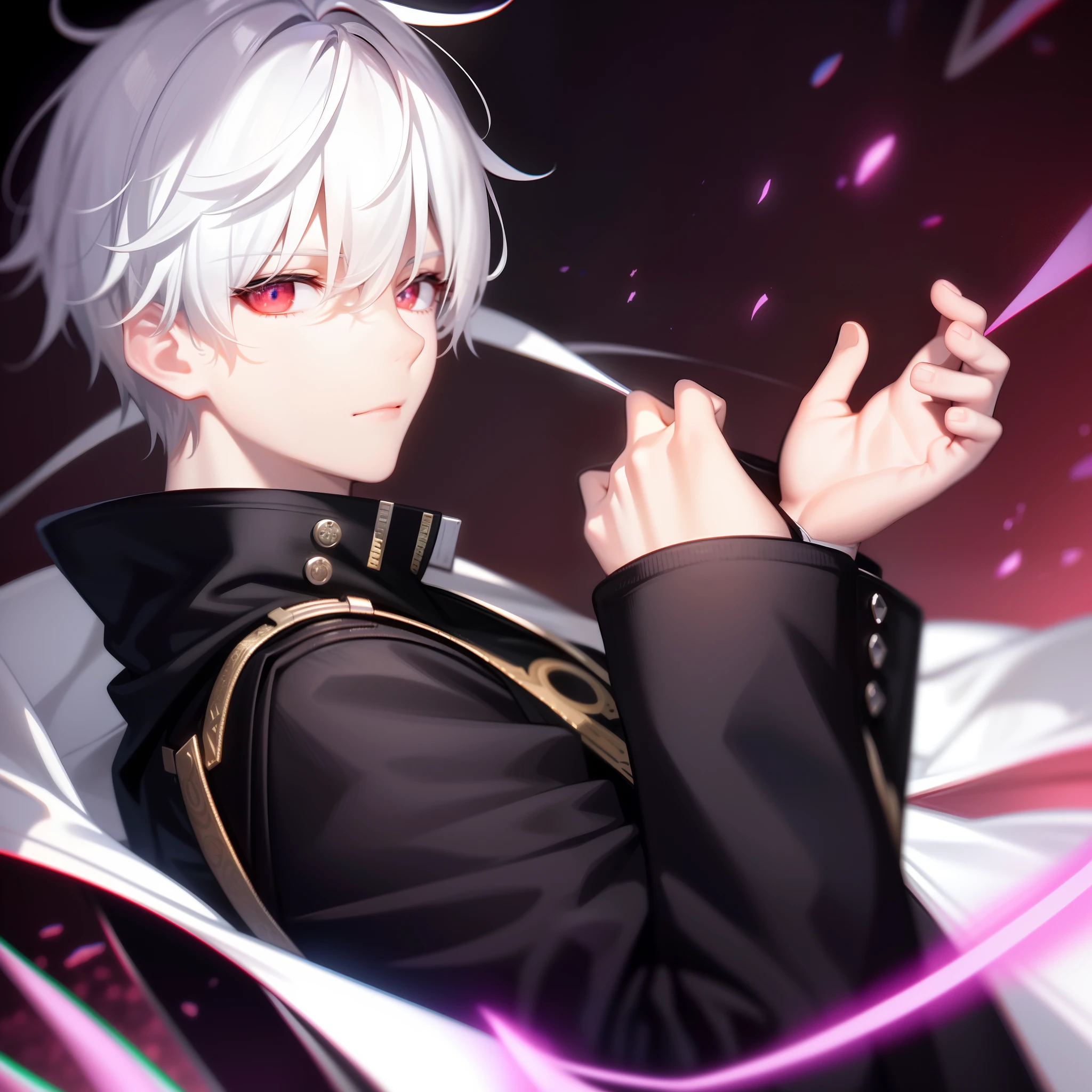 1boy, bangs, red_eyes, eyebrows_visible_through_hair, gloves, kuzuha, hair_between_eyes, high_collar, long_sleeves, looking_at_viewer, male_focus, pov, short_hair, signature, simple_background, solo, upper_body, white_background, black_gloves, white_hair, steampunk, white shirt with black tie, black vest, scenery, blue sky, nature, extremely high detailed