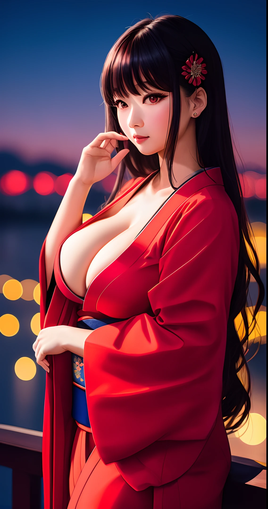 A professional very dark under expose full body photo of a Japanese cute y girl wearing ((red kimono)),detailed cle(PureErosFace_V1),masterpiece, best quality, detailed, 1girl, pink eyes, long hair, black hair, (temple in the background), water, sunset,(((extremely extra large world's largest DDDD breast))),(colors),(((midnight))),((late night)),(late at night,night-time, after dark),to8contrast style