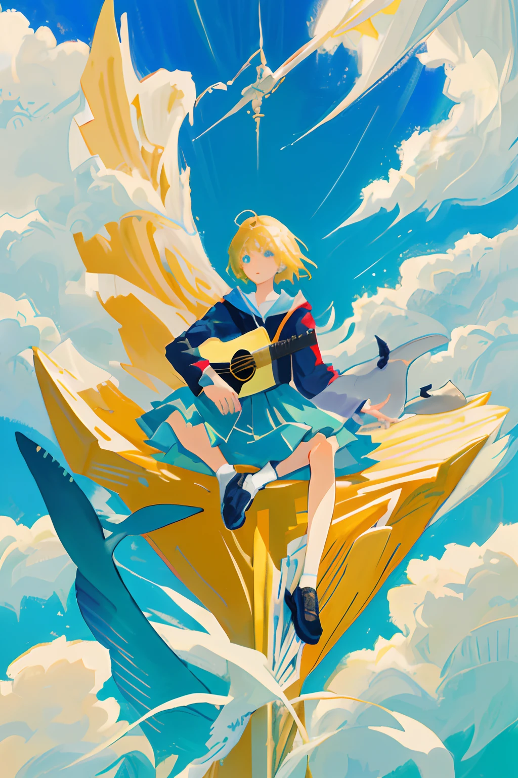 Anime style poster of a girl playing the guitar, sitting on a whale that swims across the sky.