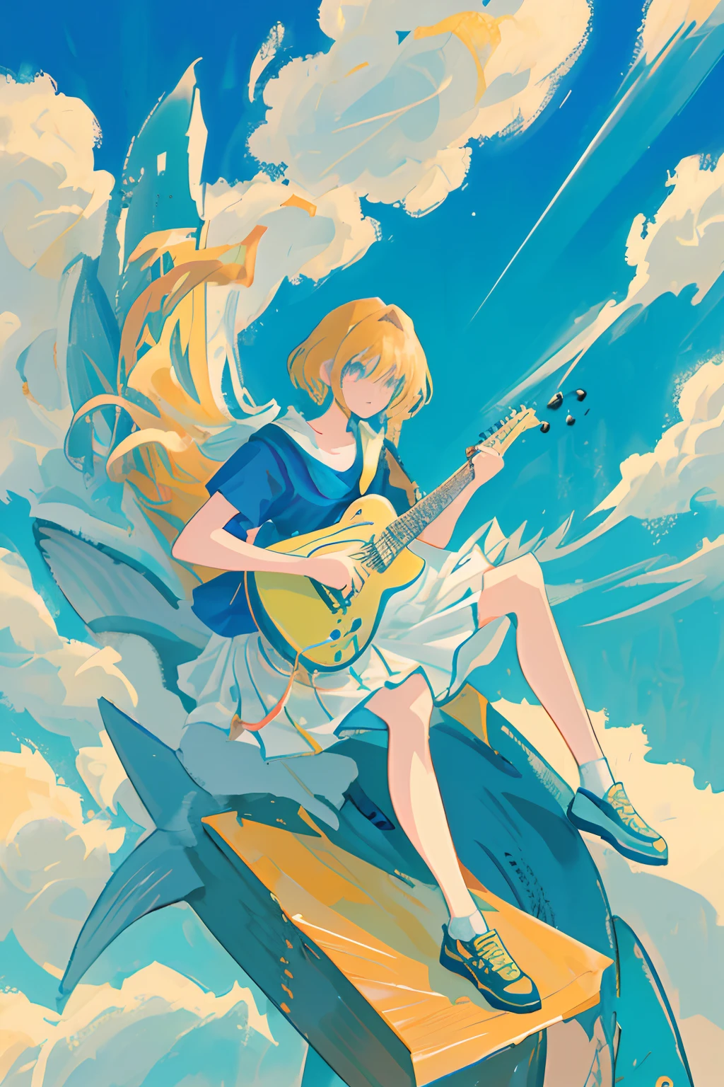 Anime style poster of a girl playing the guitar, sitting on a whale that swims across the sky.