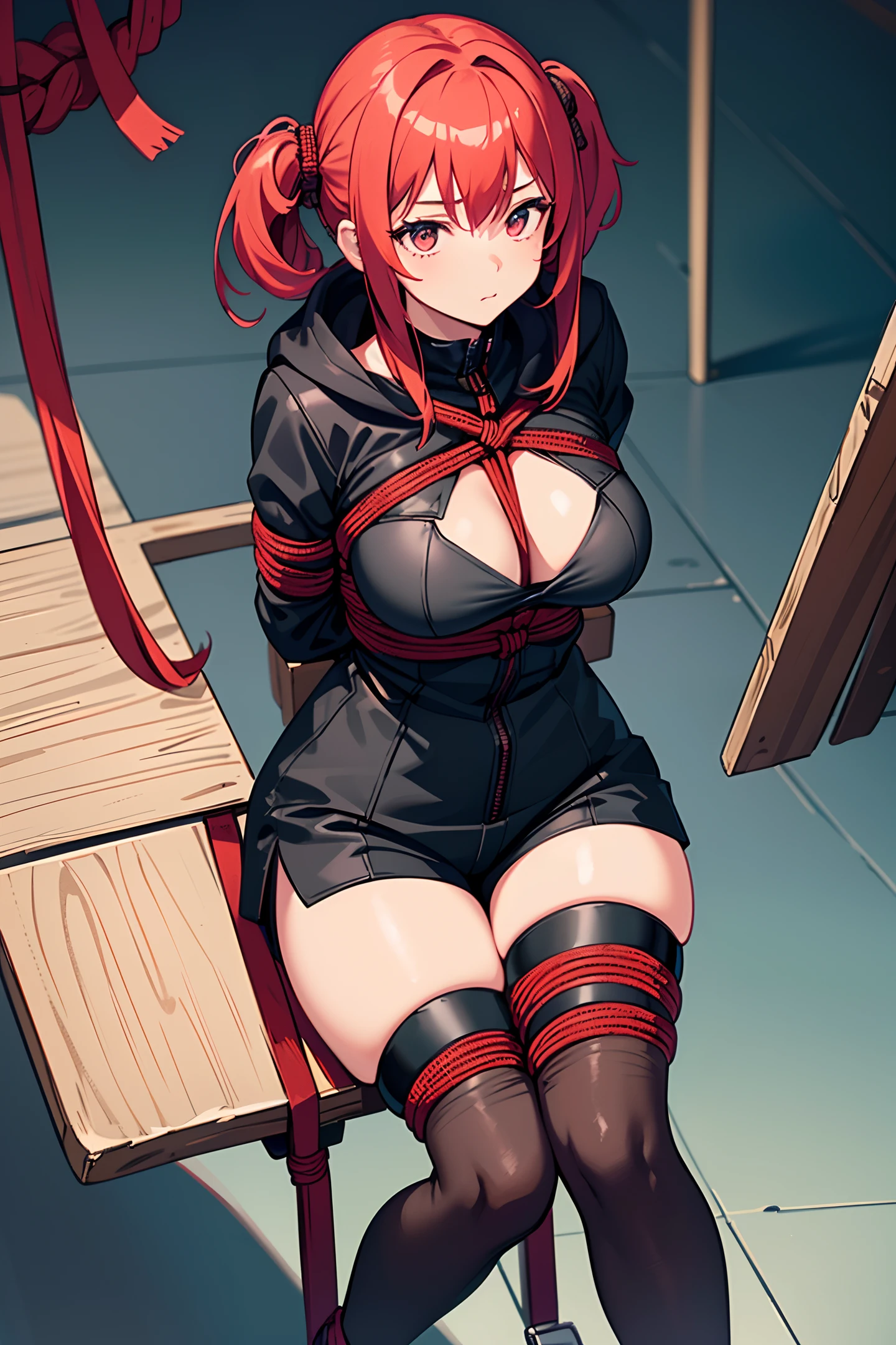 ((1 girl)), (BDSM), ((sitting on chair)), ((rope bondage)), (arms behind back), ((fully bound)), ((helpless)), (crimson hair, black hooded jacket, black shirt, black shorts, tights socks), (big breasts)