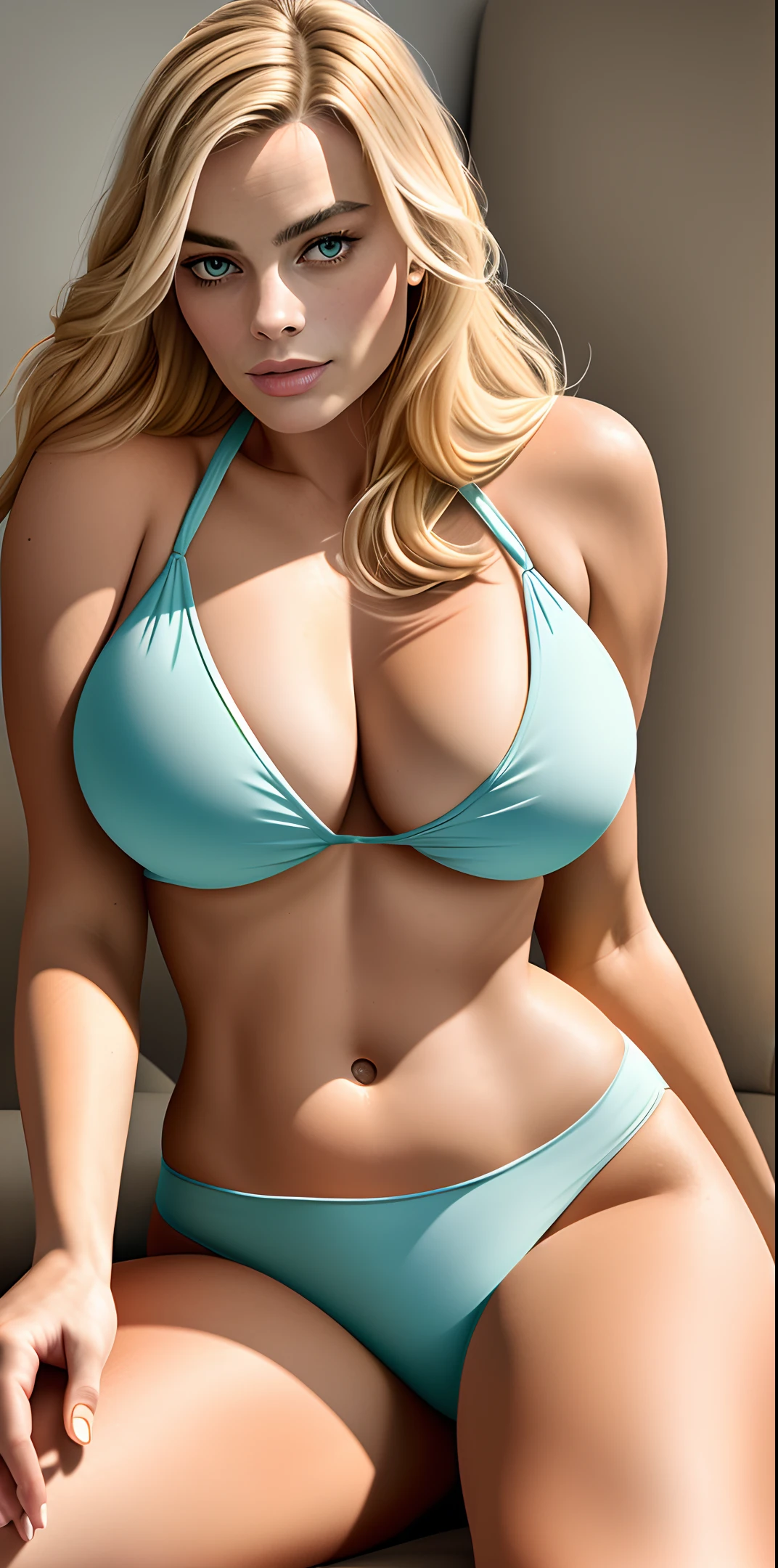 photo of (Margot Robbie:1.1) (full body portrait) beautiful woman blonde hair, long hair, nightclub, laying on couch, spreading legs, in sexy tank top, cropped top, off shoulder, tight abs, short skirt, (full body:1.3), sexy figure, (big boobs:1.3),(bbw), 30 year old woman, curvy body, big body, (masterpiece) (best quality) (detailed) (8k) (HDR) (wallpaper) (cinematic lighting) (sharp focus)