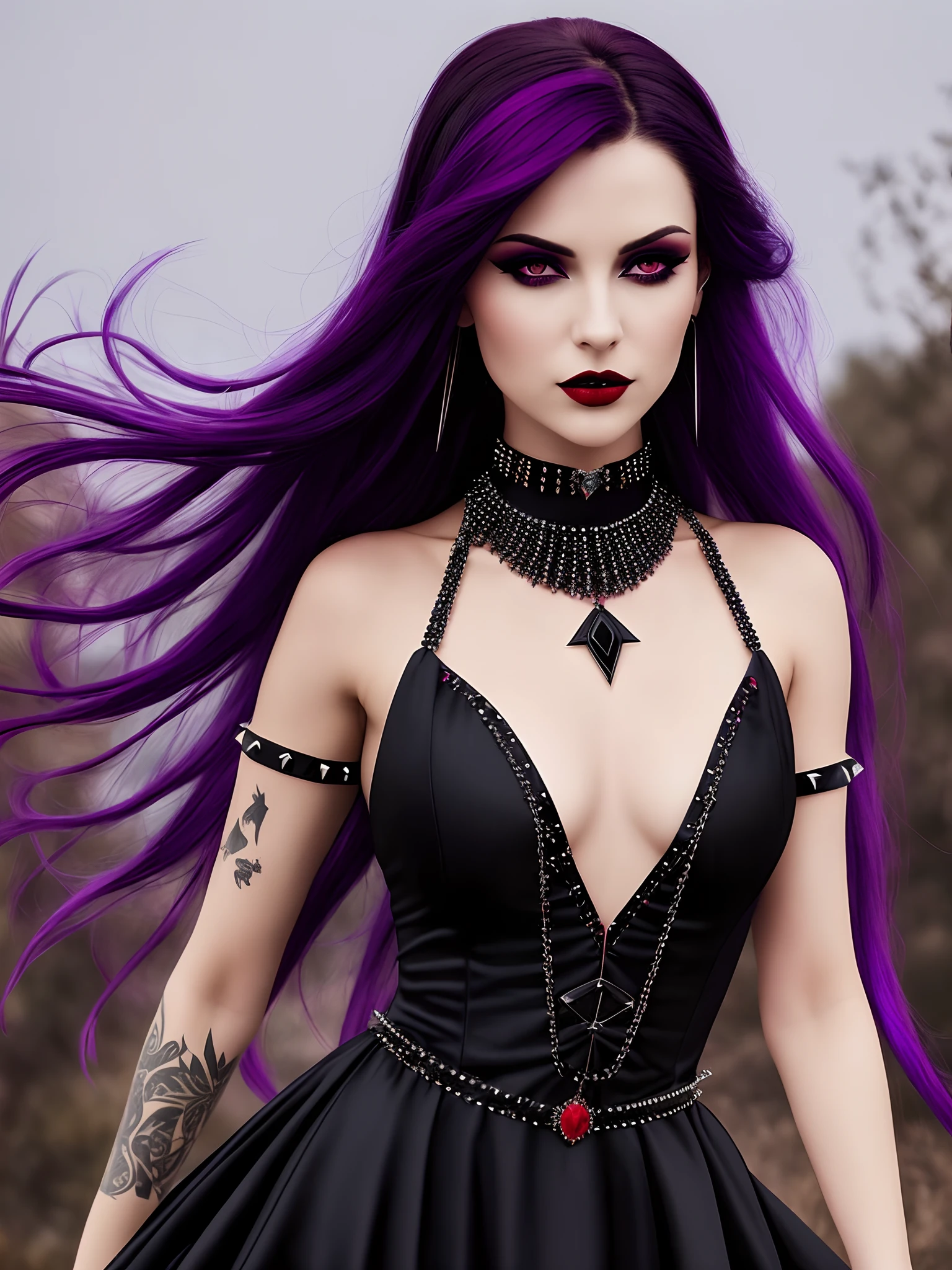 A stunningly beautiful female vampire, with piercing violet eyes and black red locks, adorned with a menacing studded choker, elegant black dress