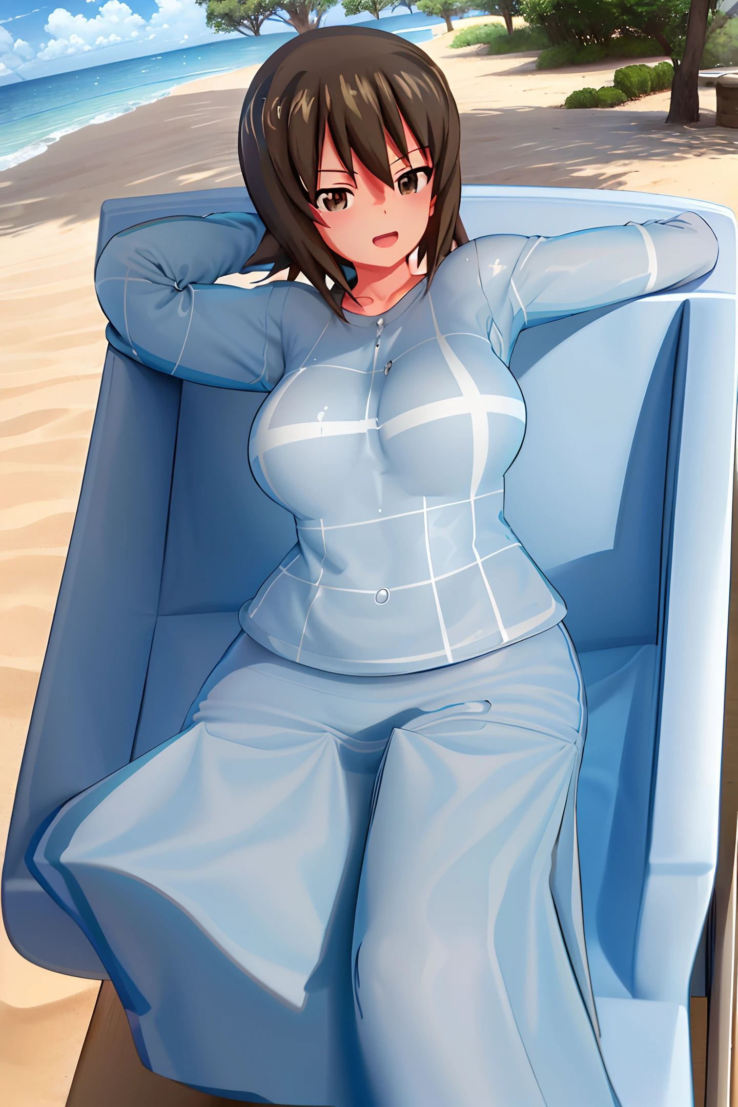 masterpiece,best quality, 1girl,solo,girls und panzer, nishizumi maho, brown hair, brown eyes, short hair,striped shirt, long sleeves,blue skirt, outdoors,house, highres, highest quallity, illustration, cinematic light, ultra detailed, best quality, hyper detailed, masterpiece,beach, sand, water, blue sky, 1girl, solo, girls und panzer, maho, american flag bikini, brown jacket, denim shorts,sitting on beach chair, under the beach umbrella, muscular arms, muscular stomach, muscular female, muscular, blue eyes
