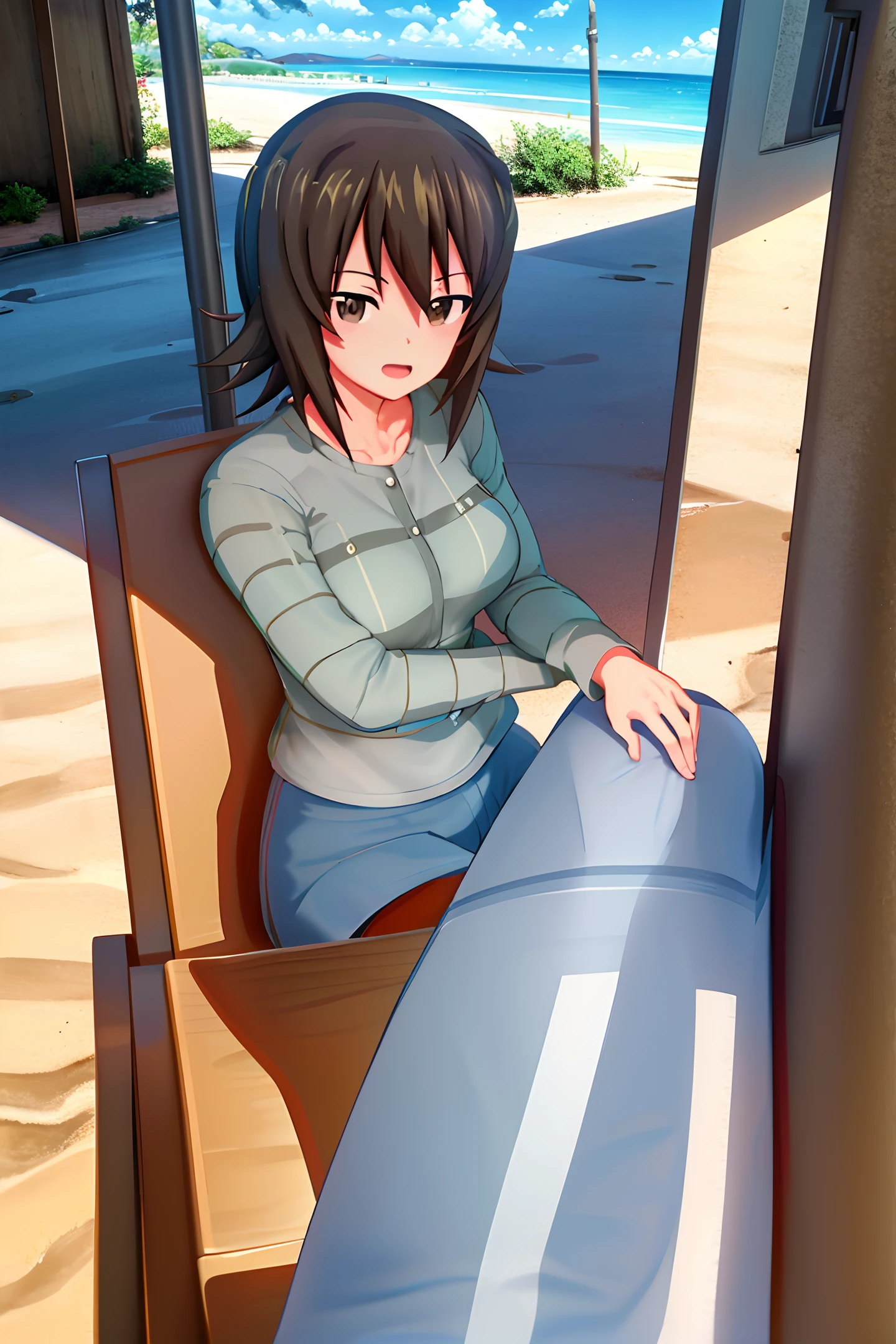 masterpiece,best quality, 1girl,solo,girls und panzer, nishizumi maho, brown hair, brown eyes, short hair,striped shirt, long sleeves,blue skirt, outdoors,house, highres, highest quallity, illustration, cinematic light, ultra detailed, best quality, hyper detailed, masterpiece,beach, sand, water, blue sky, 1girl, solo, girls und panzer, maho, american flag bikini, brown jacket, denim shorts,sitting on beach chair, under the beach umbrella, muscular arms, muscular stomach, muscular female, muscular, blue eyes