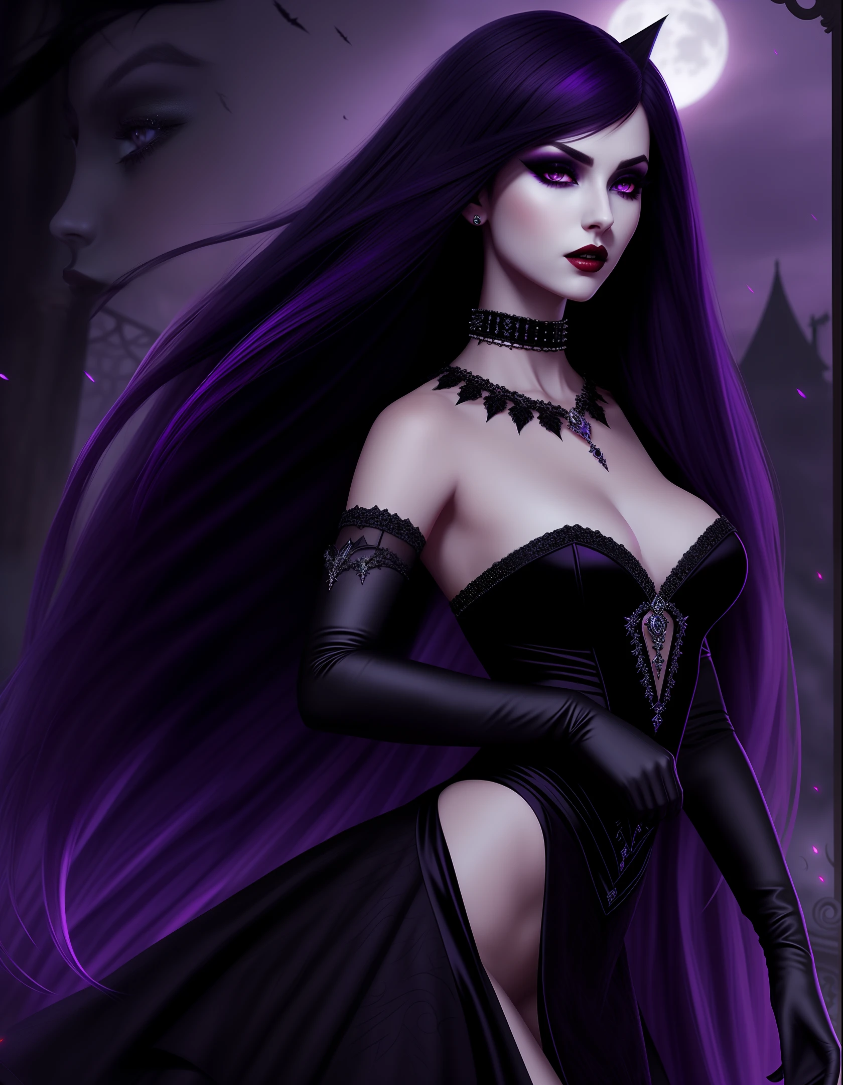 An exquisitely detailed CG unity artwork of a stunningly beautiful female vampire with piercing violet eyes and black red locks, wearing an elegant black dress, and adorned with a menacing studded choker. The visually stunning masterpiece perfectly captures the alluring, yet menacing essence of this powerful creature of the night.
