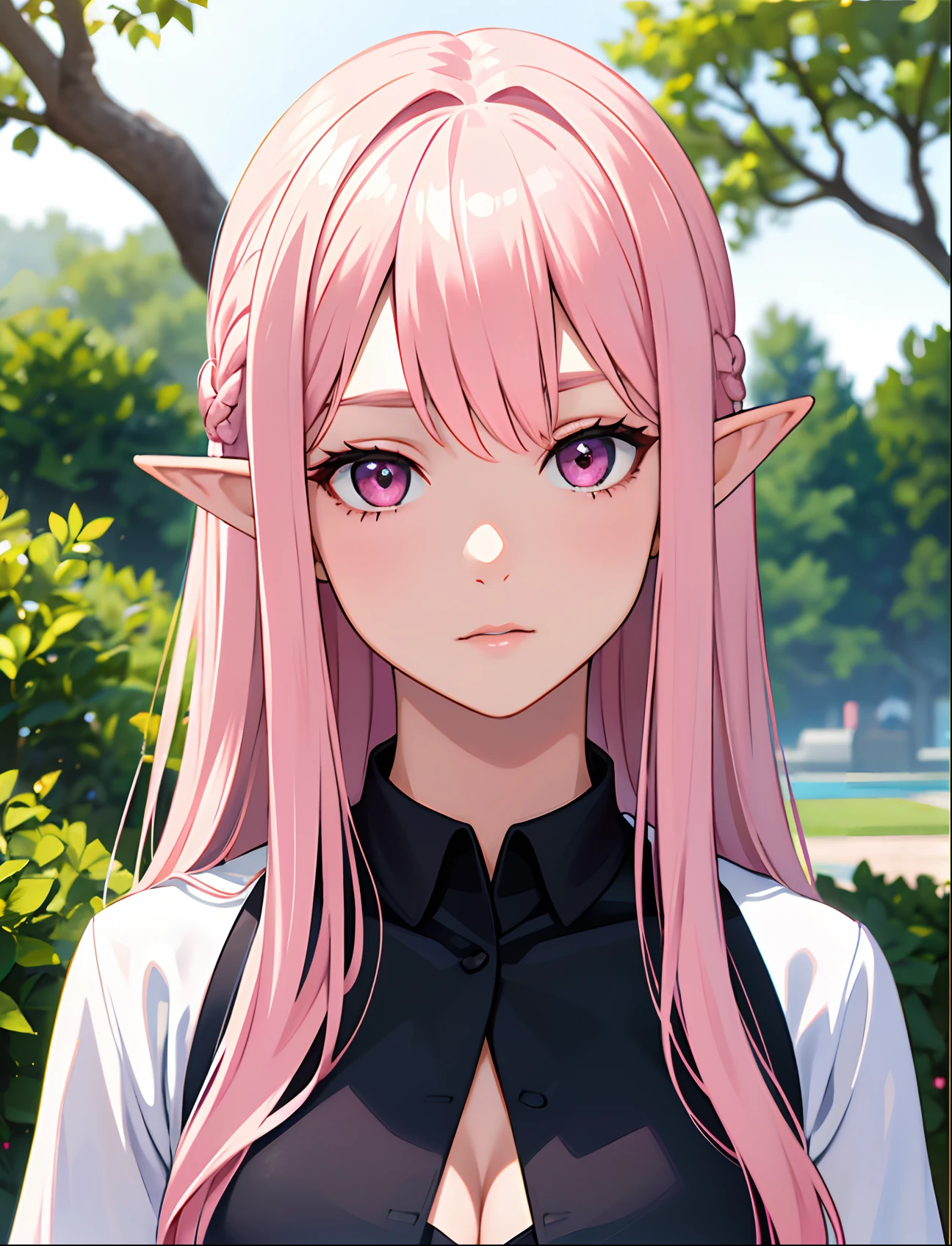 best quality, highres,(RAW photo:1.2), (photorealistic:1.4),(masterpiece:1.4),1girl, side-swept hairstyle, long hair, straight hair pink hair, pink eyes, ulzzang-6500, large breasts, , elf ears, close up, close up face, poetrait, reveling clothing, looking at viewer, looking straightforward,  mature, exposed clothing, exposed cleavage, casual outfit,