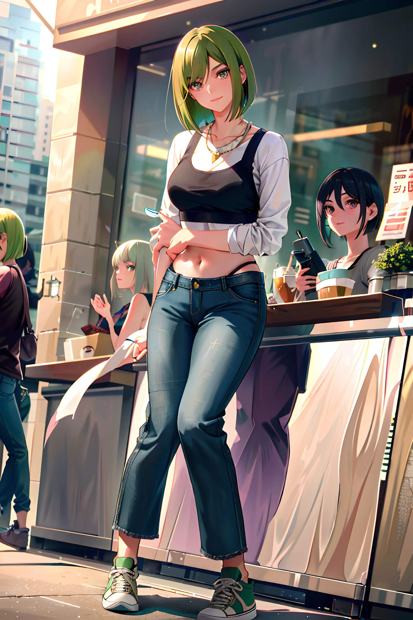 masterpiece, best quality, photorealistic, outdoors, beautiful lighting, cinematic lighting, wall, simple background, cafe, street, day, sunlight, in public, crowds AND girl, green hair, long hair, bob cut, pink eyes, teasing, smug, smirk, head tilted, knee up, looking at viewer, glossy skin, pose, contrapposto, medium breasts, jeans, pants, long pants, denim, navel, midriff, nose blush, necklace, (sneakers:1.2)