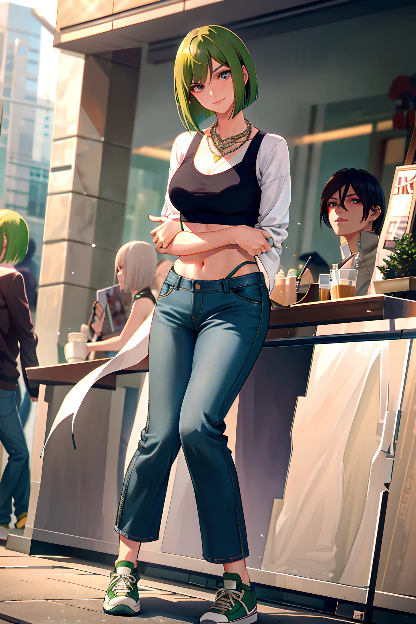 masterpiece, best quality, photorealistic, outdoors, beautiful lighting, cinematic lighting, wall, simple background, cafe, street, day, sunlight, in public, crowds AND girl, green hair bob cut, pink eyes, teasing, smug, smirk, head tilted, knee up, looking at viewer, glossy skin, pose, contrapposto, medium breasts, jeans, pants, long pants, denim, navel, midriff, nose blush, necklace, (sneakers:1.2)