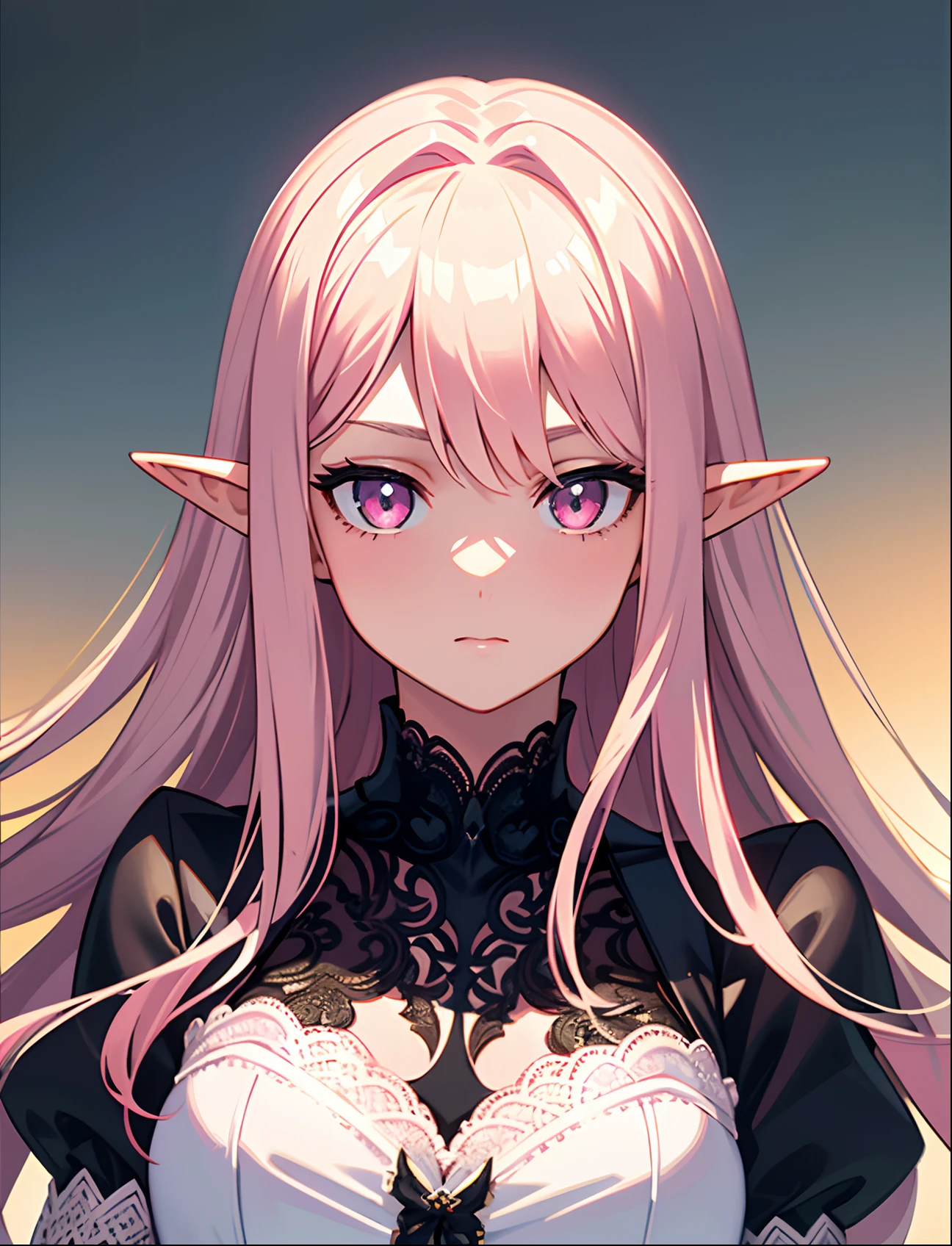 1girl, pink long hair, straight hair, side_swept_hair, large breasts, (epic), (elegant), ((detailed)), ((best quality)), ((masterpiece, sidelighting, finely detailed beautiful eyes: 1.2)), extremely_detailed_wallpaper, highres, ((lace)), beautiful detailed glow, masterpiece*portrait, 3d face, lustrous skin, upper body, realistic, perfect face, elf ears, pink eyes, mature, young adult, looking straight
