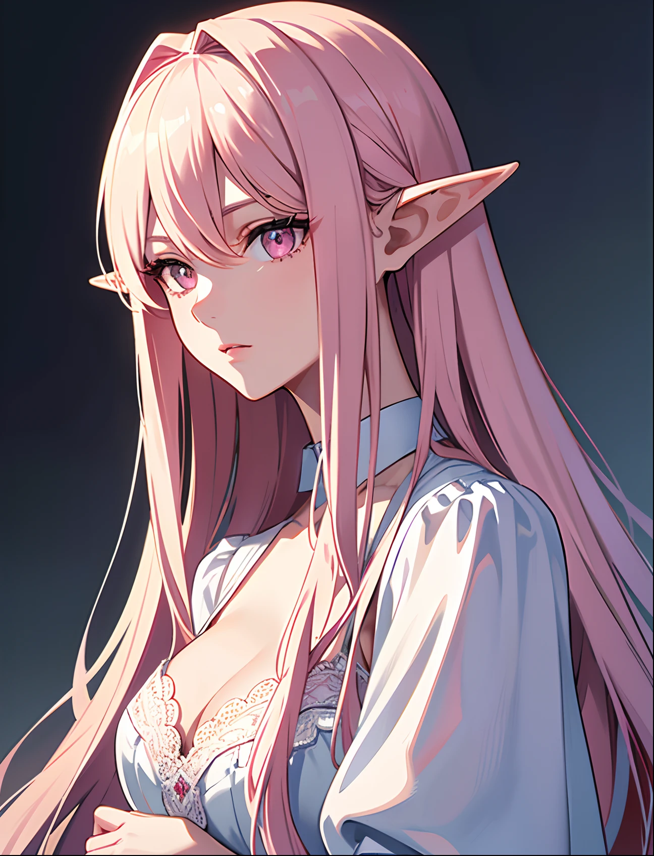1girl, pink long hair, straight hair, side_swept_hair, large breasts, (epic), (elegant), ((detailed)), ((best quality)), ((masterpiece, sidelighting, finely detailed beautiful eyes: 1.2)), extremely_detailed_wallpaper, highres, ((lace)), beautiful detailed glow, masterpiece*portrait, 3d face, lustrous skin, upper body, realistic, perfect face, elf ears, pink eyes, mature, young adult, looking straight