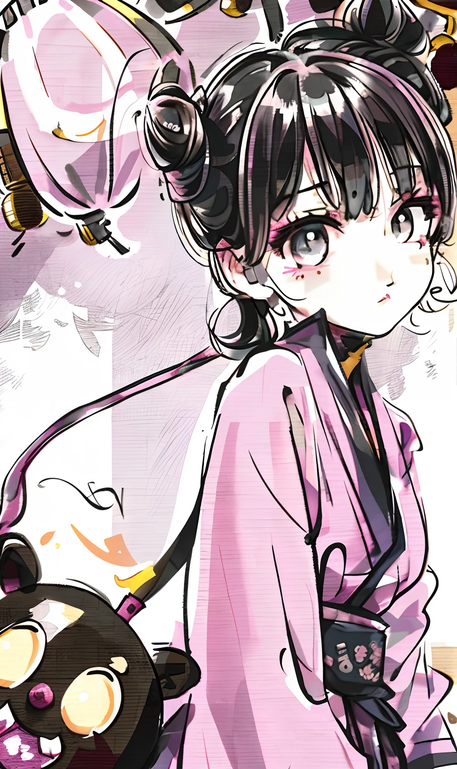 Ancient style/martial arts/girl/pink Hanfu/black double bun/light and shadow/atmosphere/cute/big eyes/lantern