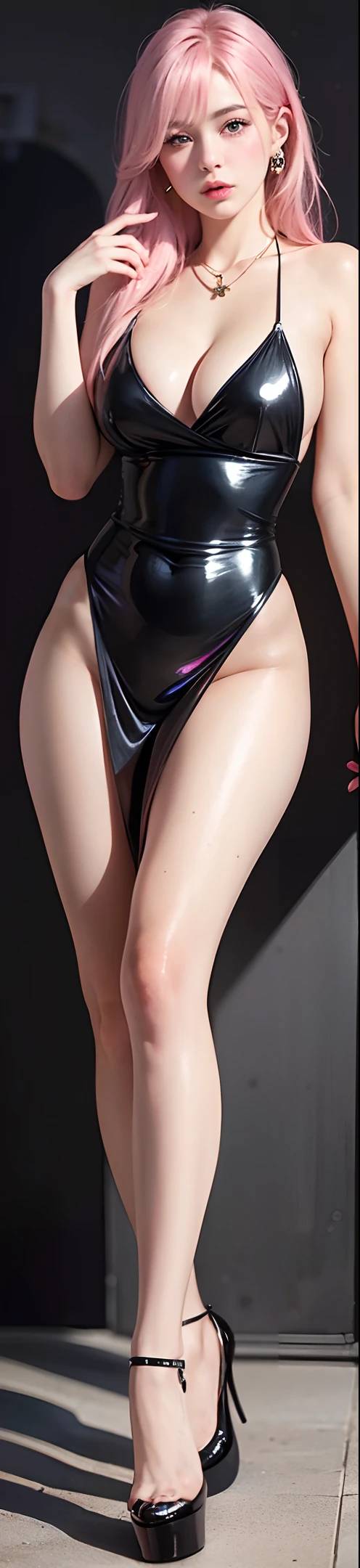 (8k, RAW photo, best quality, masterpiece:1.2), (realistic:1.3), (photorealistic:1.3), ultra-detailed, (high detailed skin:1.2), 8k uhd, dslr, soft lighting, high quality, film grain, Fujifilm XT3, best quality, beautiful lighting, 1girl, long hair, side swept hair, (pink hair), pink eyes, normal ears, high heels, smug, sitting, full body, medium breasts, tight_mini_dress, exposed cleavage, indoors, thick thighs, latex shine, necklace