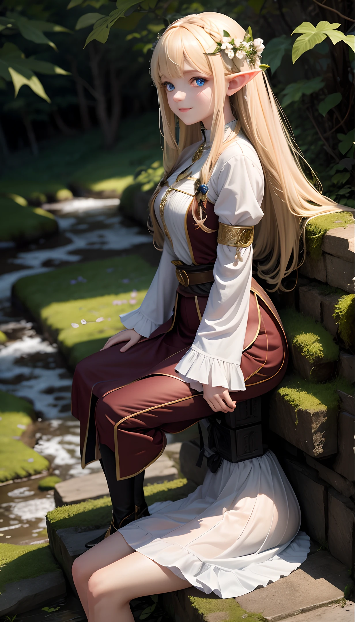 An exquisitely detailed CG unity 8k wallpaper masterpiece, featuring a stunning and delicate floating blonde elf girl named Rivanna, with enchanting blue eyes, intricate braided hair, and she is very scantily clothed. The scene is set in a tranquil forest, with shafts of light filtering through the leaves and casting a warm glow over everything. The air is redolent with the scent of flowers, and in the distance, a babbling brook can be seen and heard. Rivanna is sitting on a rock, exposing her, with a seductive, cute smile on her face.