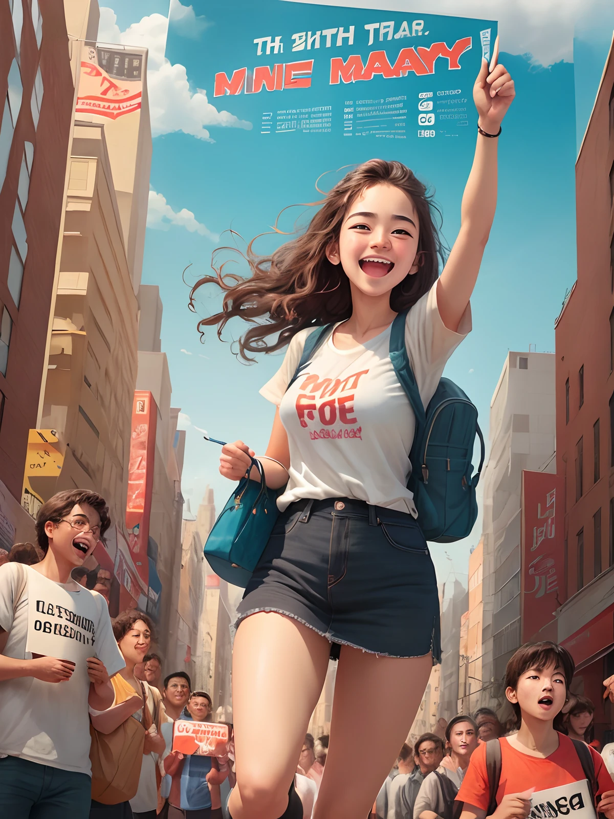 (one poster), May Day, superb, ultra-detailed, illustration, youth, happy expression, celebration, crowd, audience, cheering, relaxing, carrying a computer bag, between tall buildings, wide-angle shot, overhead shot, distance, (away from camera), full body, city
