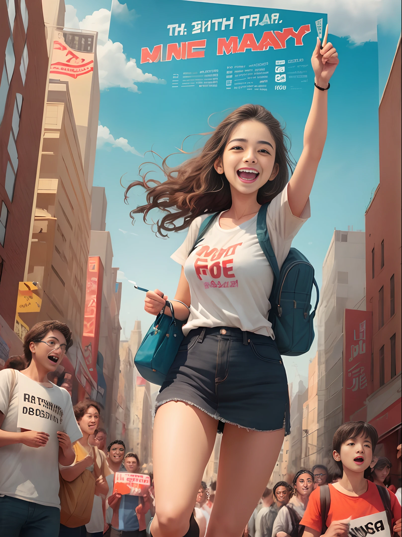 (one poster), May Day, awesome, super detailed, illustration, youth, happy expression, celebration, crowd, audience, cheering, relaxing, carrying a computer bag, between tall buildings, wide-angle shot, overhead shot, distance, ( long distance camera), full body, city