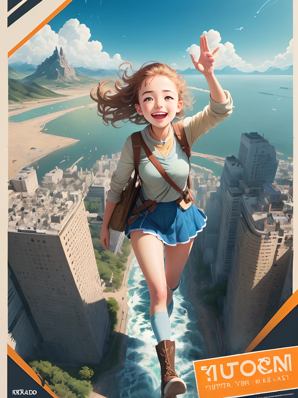 (One poster), Youth Day, superb, super detailed, illustration, youth, happy expression, roaming the world of science fiction, wide-angle shot, overhead shot, distance, (away from the camera), full body, fantasy city, sense of technology