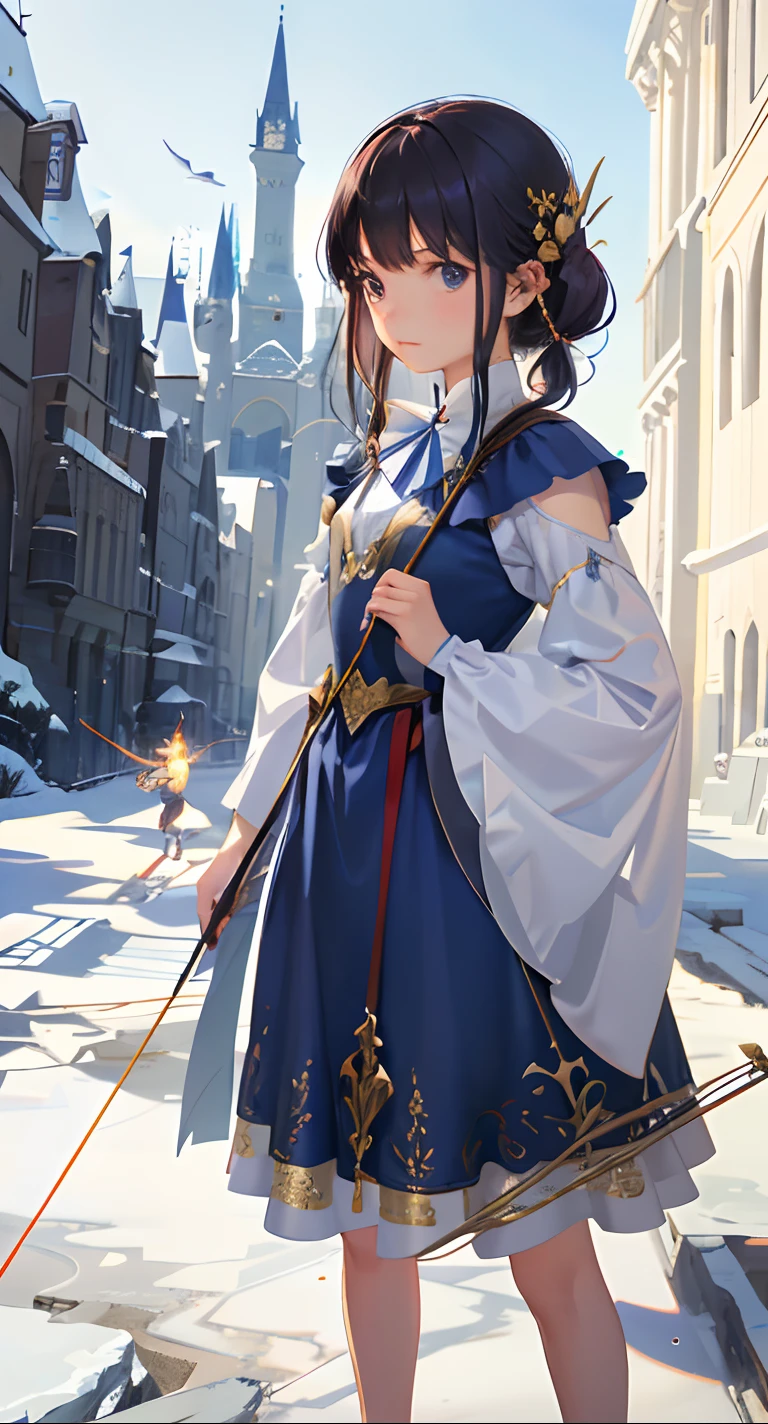 A delicate and vulnerable little girl holding a bow and arrows, a magical wand, wearing luxurious dresses, and casting spells with confidence, surrounded by a fantastical world of magic and enchantment.