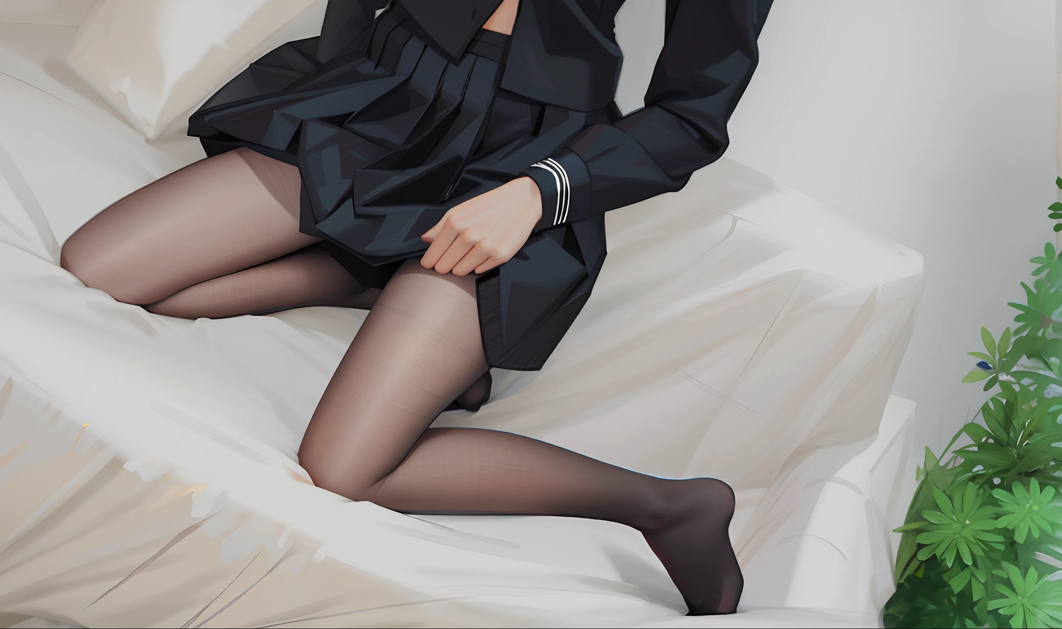 1. There is a woman in a black dress and stockings sitting on a bed, hyper realistic schoolgirl, a hyperreal schoolgirl, realistic schoolgirl, fully dressed. Sexy painting, wearing stockings, realistic illustration, semi-realistic, semi-realistic, bowwater's art style, soft digital painting, long legs and skirt, smooth. digital painting. 2. A woman in a black dress and black stockings is sitting on the bed. The digital painting is inspired by Cheng Yanjun, pixiv, photorealism, hyperrealistic schoolgirl, a hyperrealistic schoolgirl, realistic schoolgirl, full clothed. The painting is sexy, wearing stockings, realistic illustrations, half-realistic, half-realistic.