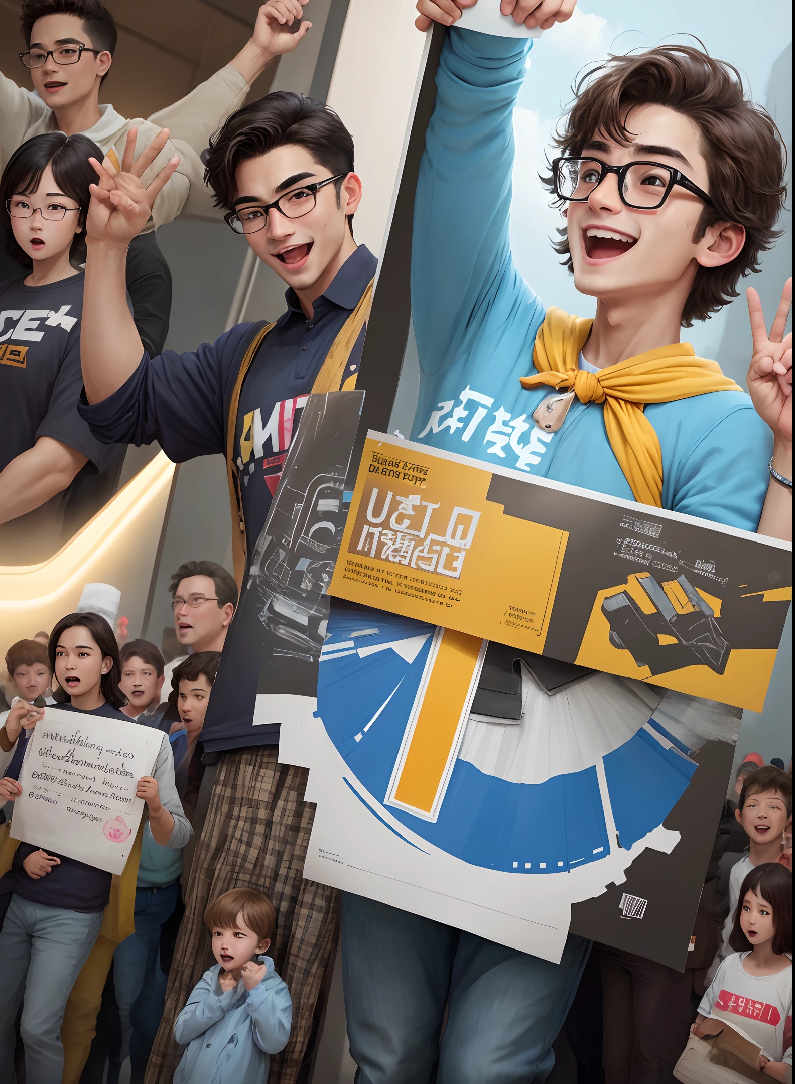 (one poster), youth day, superb, ultra-detailed, illustration, young men, uncle, happy expression, celebration, crowd, audience, cheering, relaxing with glasses, casual wear, raised hands and cheering, wide-angle shot, overhead shot , far away, (away from the camera), full body,