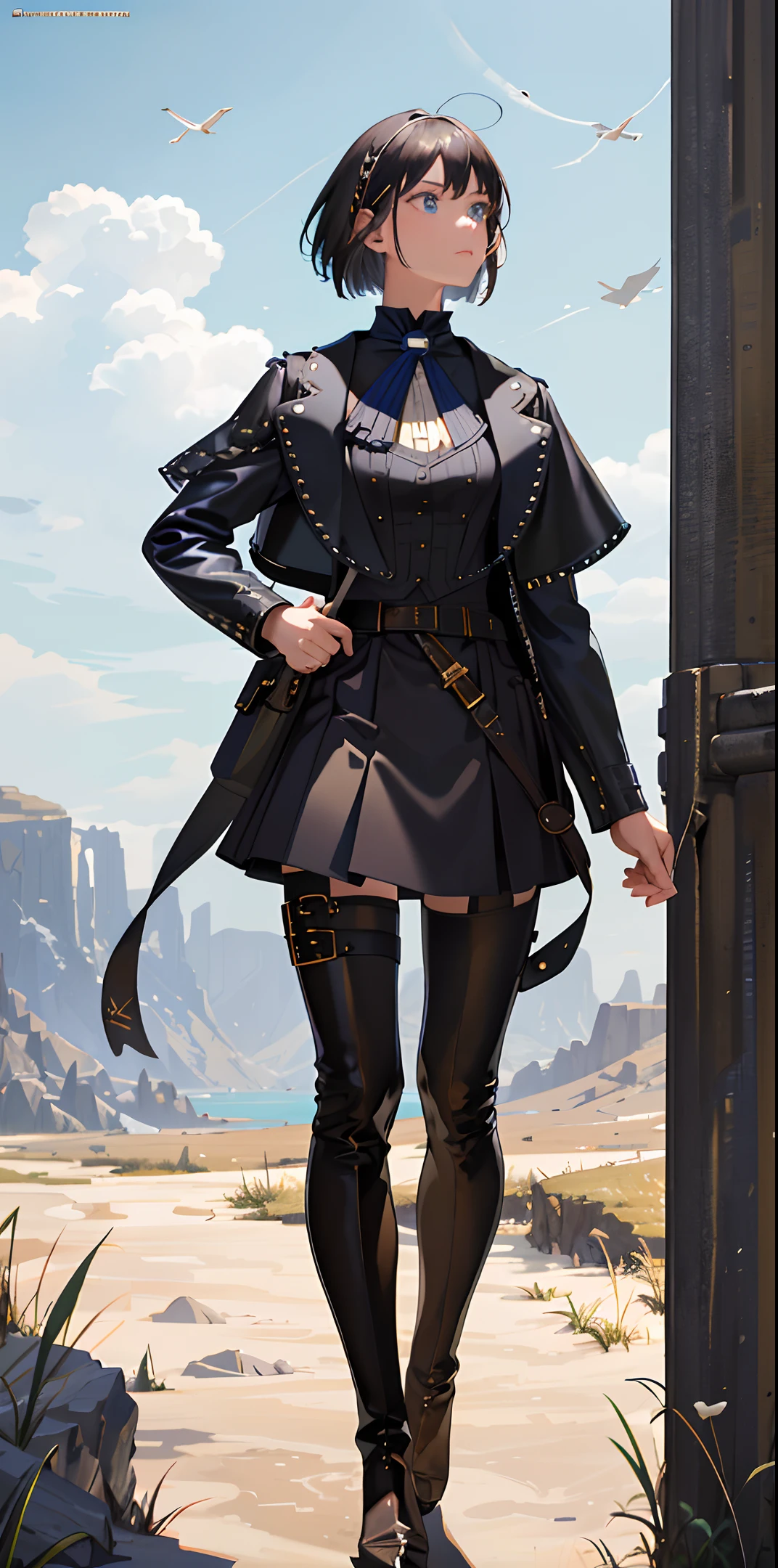masterpiece, absurdres, best quality, best aesthetic, ultra-detailed, ultra detailed, extremely detailed, 1girl, solo, grey hair, short hair, bob cut, swept bangs, blue eyes, hairpin, goggles on head, white shirt, high collar, blue ascot, (black waistcoat:1.4), (black cropped leather jacket:1.3), open jacket, long sleeves, skin tight, black skirt, belt, (belt pouch:1.2), thigh boots, belt boots, buckle, strap, steampunk, outdoors, cliff, grass, floating island, blue sky, cloud, sunlight, floating hair, hand on head, looking away, looking up, standing,