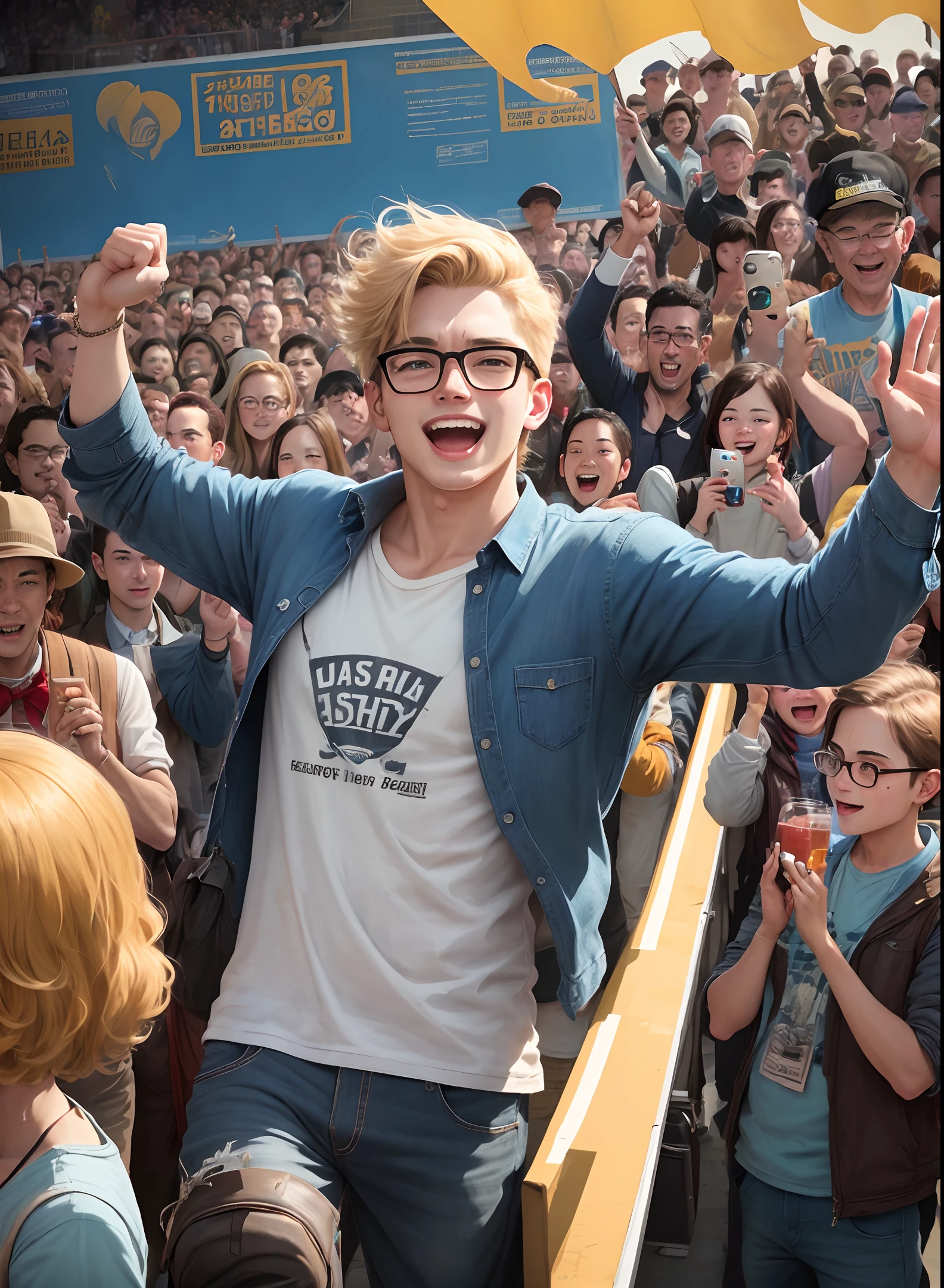 (one poster), youth day, superb, ultra-detailed, illustration, young men, uncle, happy expression, celebration, crowd, audience, cheering, relaxing with glasses, casual wear, raised hands and cheering, wide-angle shot, overhead shot , far away, (away from the camera), full body,