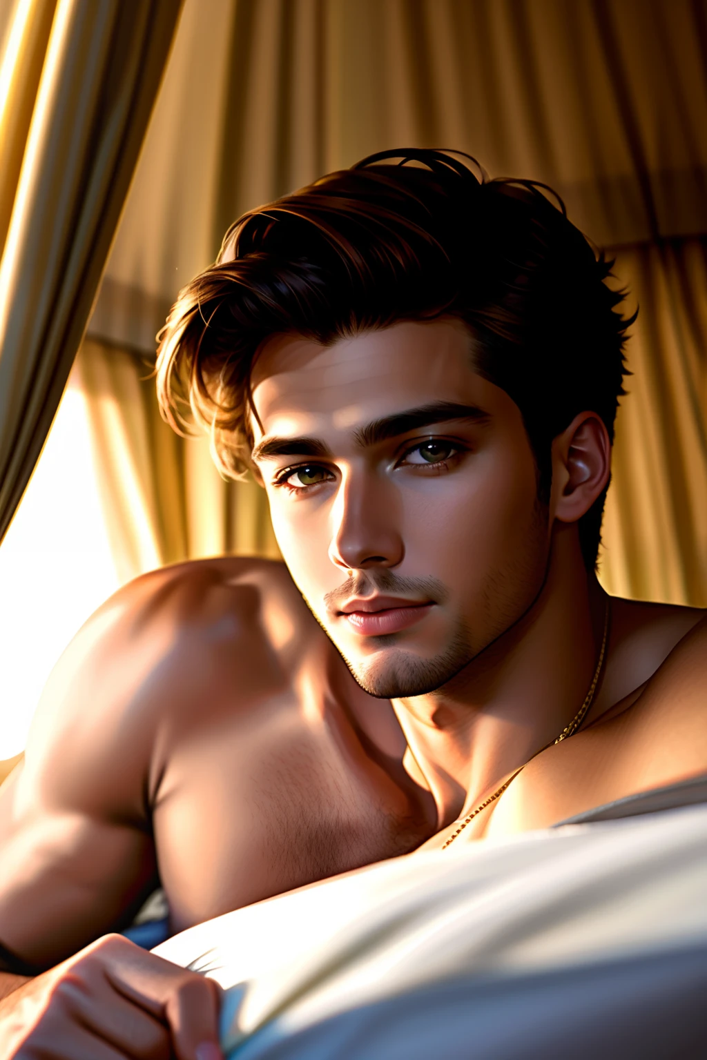 Young handsome man lying on a canopy bed, (super high quality), (masterpiece), hyper-realistic, highly-detailed, 5D, volumetric lighting, Filmic, YPbPr, Visual Perception, Post-Production: clean-shaven:2