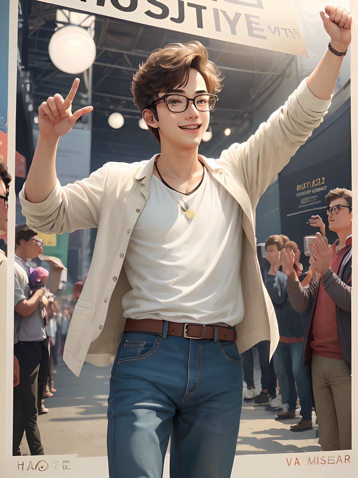 (one poster), youth day, delicate, ultra-detailed, illustration, young man's festival, happy expression, celebration, wearing glasses, relaxing, casual attire, raising hands and cheering, wide-angle shot, upward shot, (away from the camera), full body,