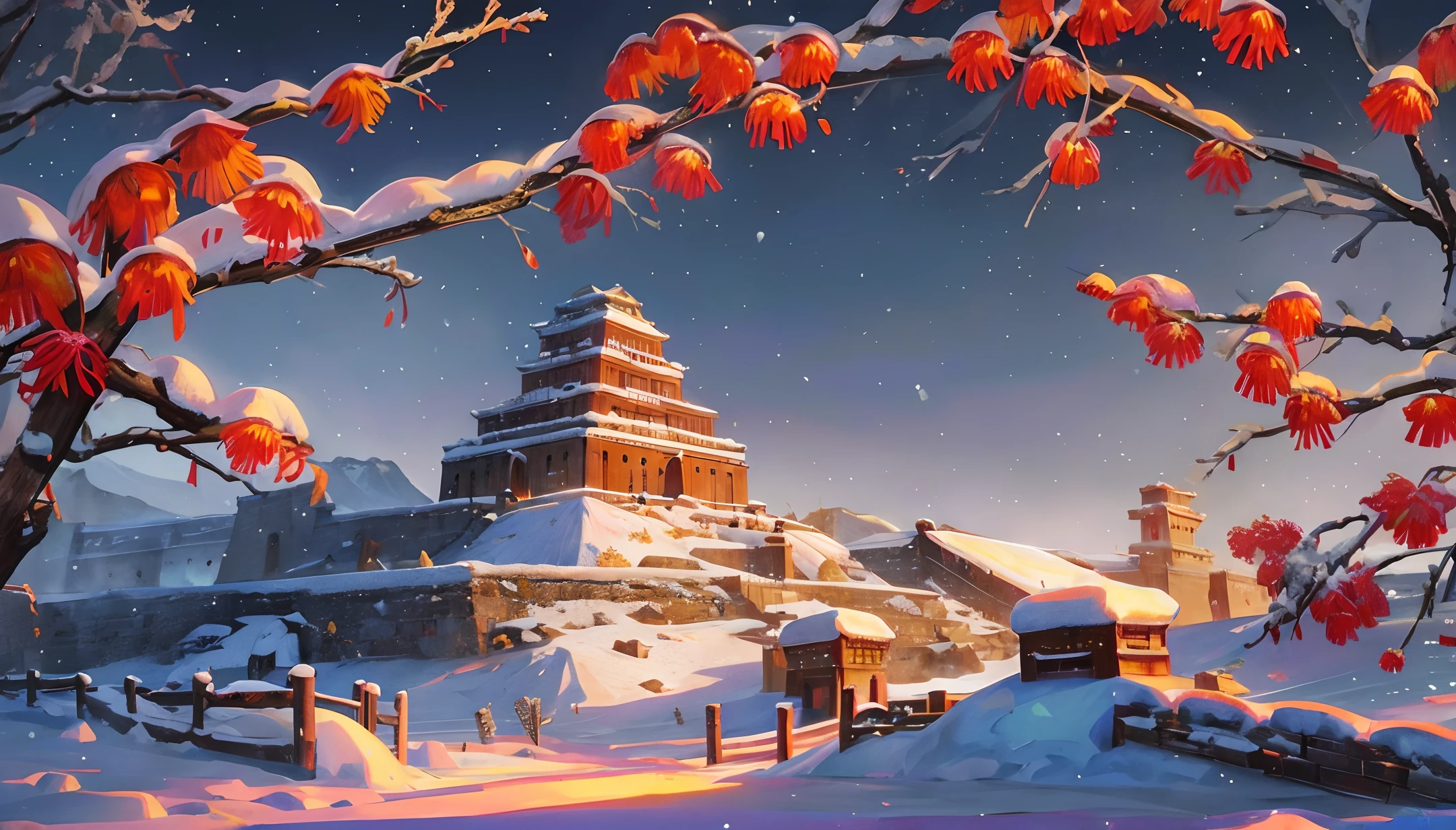 Ancient Chinese landscape, ((heavy snow)), ((desert)), (ancient city wall), ((safflower)), (snowflakes falling.), beautiful scenery, realistic lighting, masterpiece, high quality, exquisite picture, high detail ,