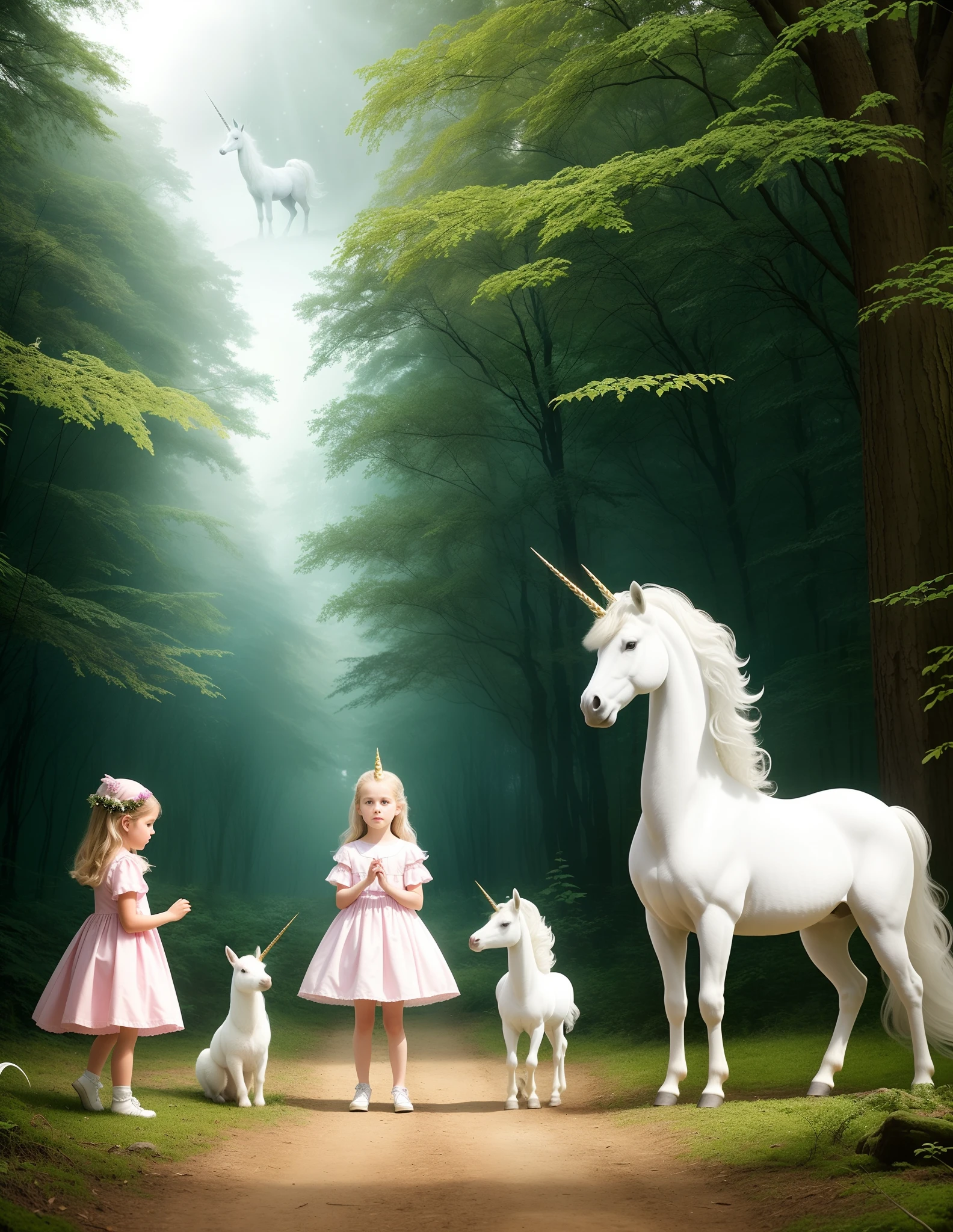In a far-off land, deep in the heart of an enchanted forest, three children stumbled upon a clearing where they saw a beautiful creature unlike any they had ever seen before. It was a unicorn, with a shimmering white coat and a long, spiraled horn on its forehead.