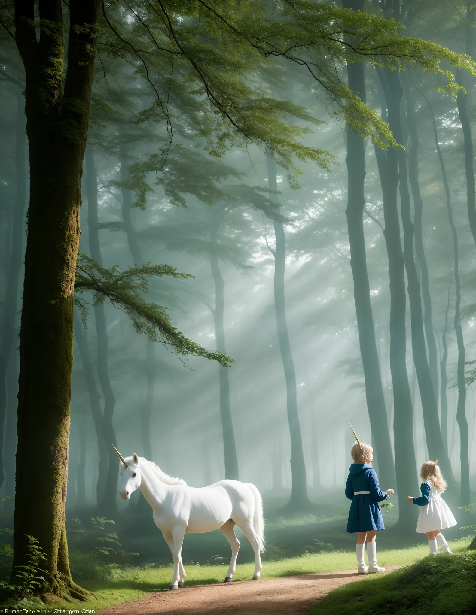 In a far-off land, deep in the heart of an enchanted forest, three children stumbled upon a clearing where they saw a beautiful creature unlike any they had ever seen before. It was a unicorn, with a shimmering white coat and a long, spiraled horn on its forehead.