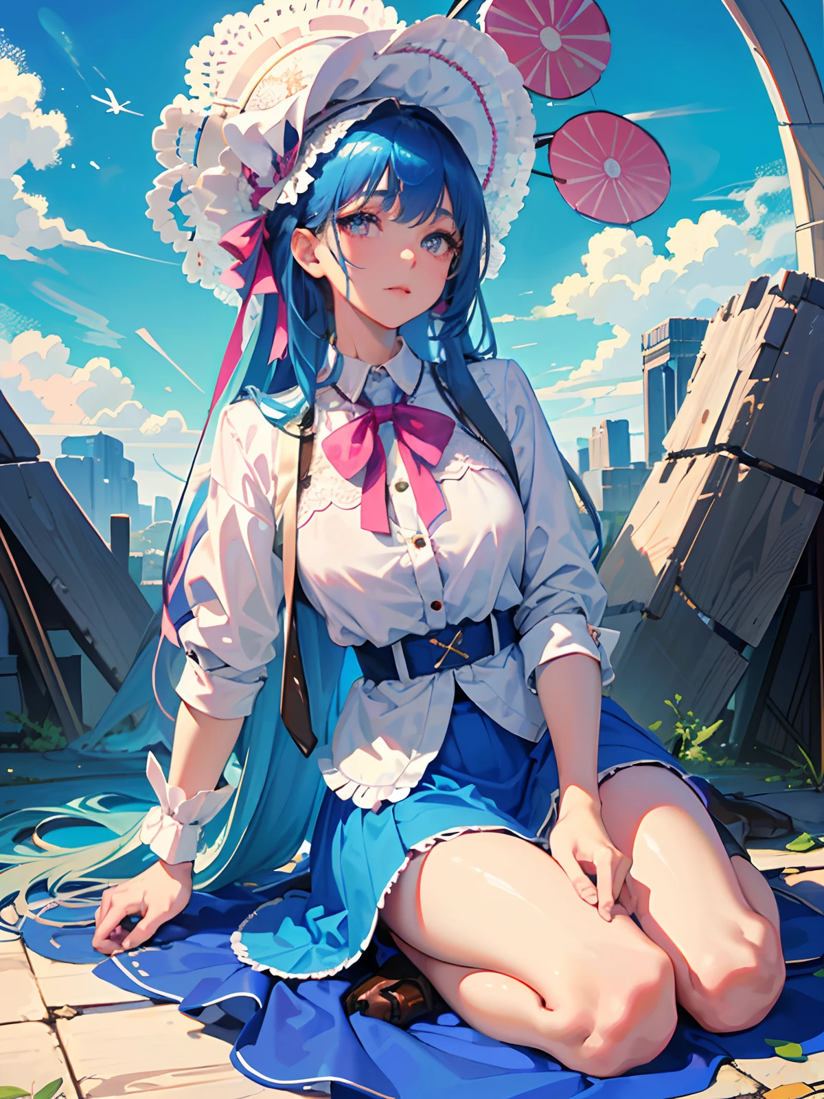 (detailed beautiful eyes and detailed face, masterpiece side light, masterpiece, best quality, detailed, high resolution illustration), (1 girl, beautiful girl, shiny skin), (sky blue hair, pink colored eyes, skirt, ribbon, button- shirt)（kneeling on the ground）