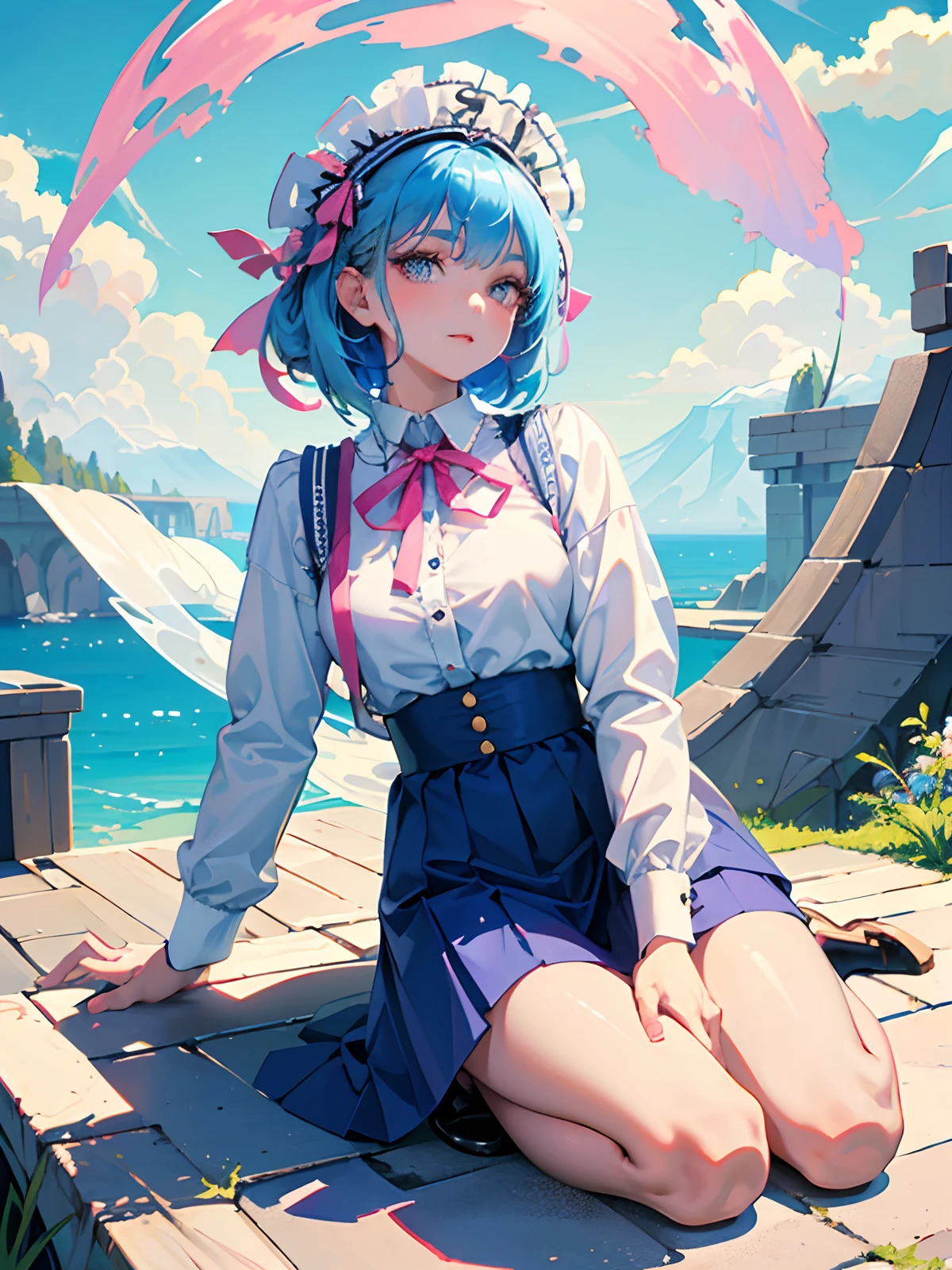 (detailed beautiful eyes and detailed face, masterpiece side light, masterpiece, best quality, detailed, high resolution illustration), (1 girl, beautiful girl, shiny skin), (sky blue hair, pink colored eyes, skirt, ribbon, button- shirt)（kneeling on the ground）